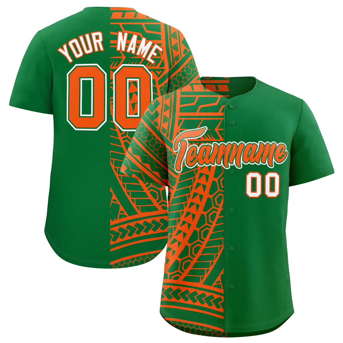 Custom Kelly Green Orange Split Fashion Tribal Pattern Authentic Baseball Jersey