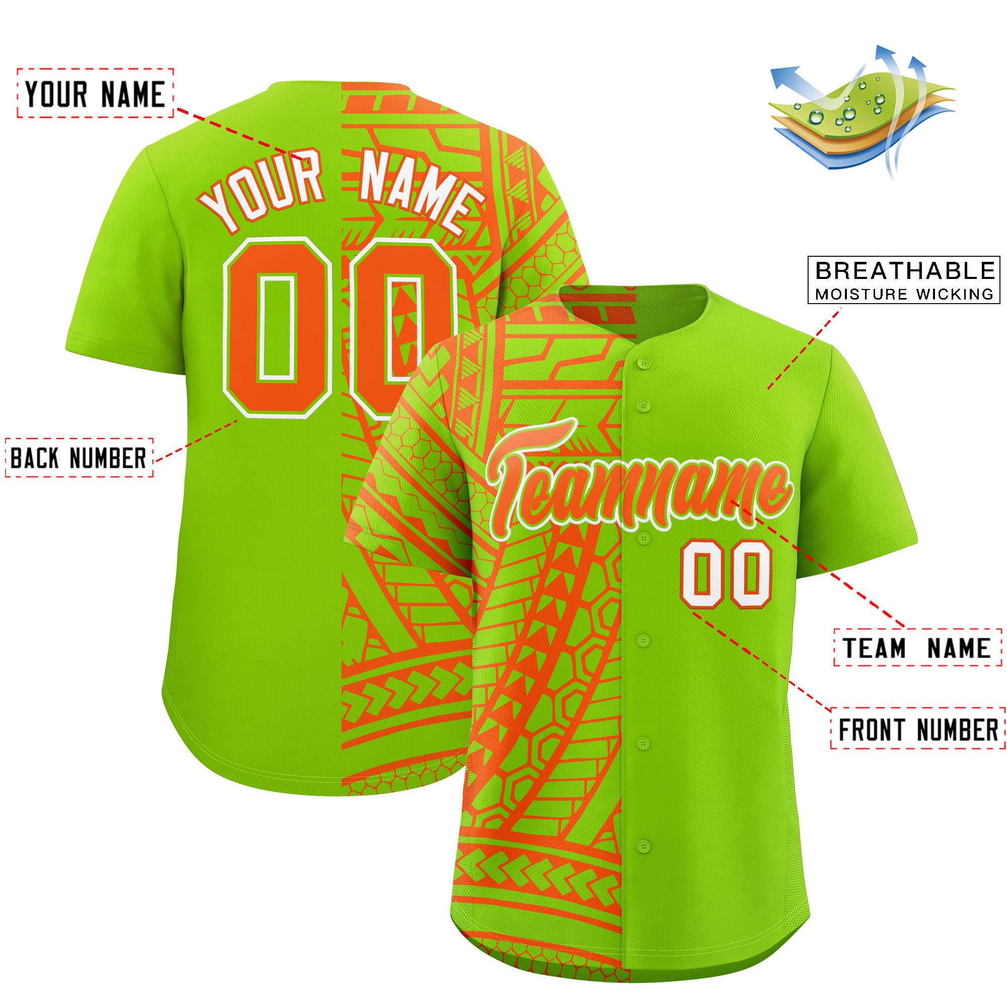 Custom Neon Green Orange Split Fashion Tribal Pattern Authentic Baseball Jersey