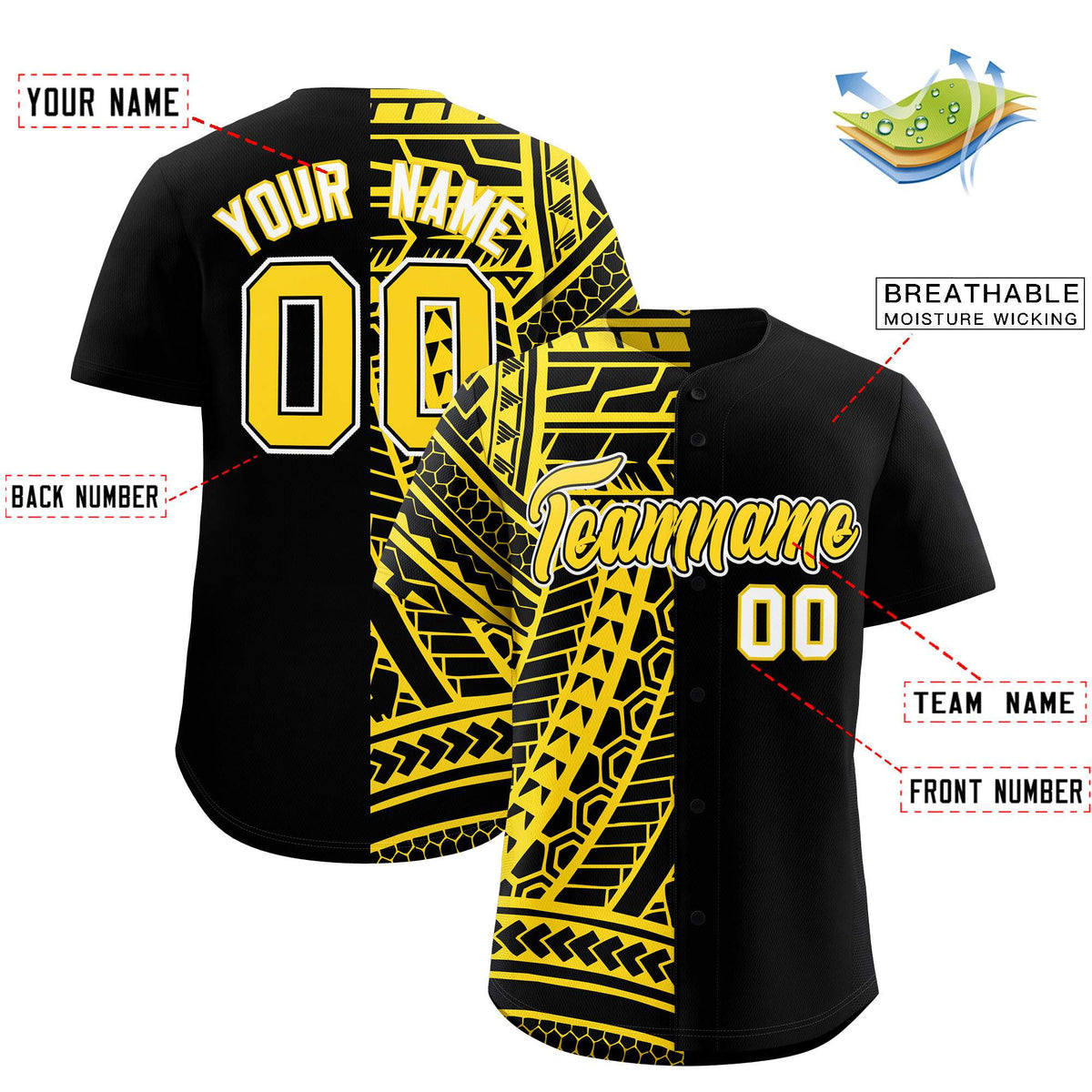 Custom Black Gold Split Fashion Tribal Pattern Authentic Baseball Jersey