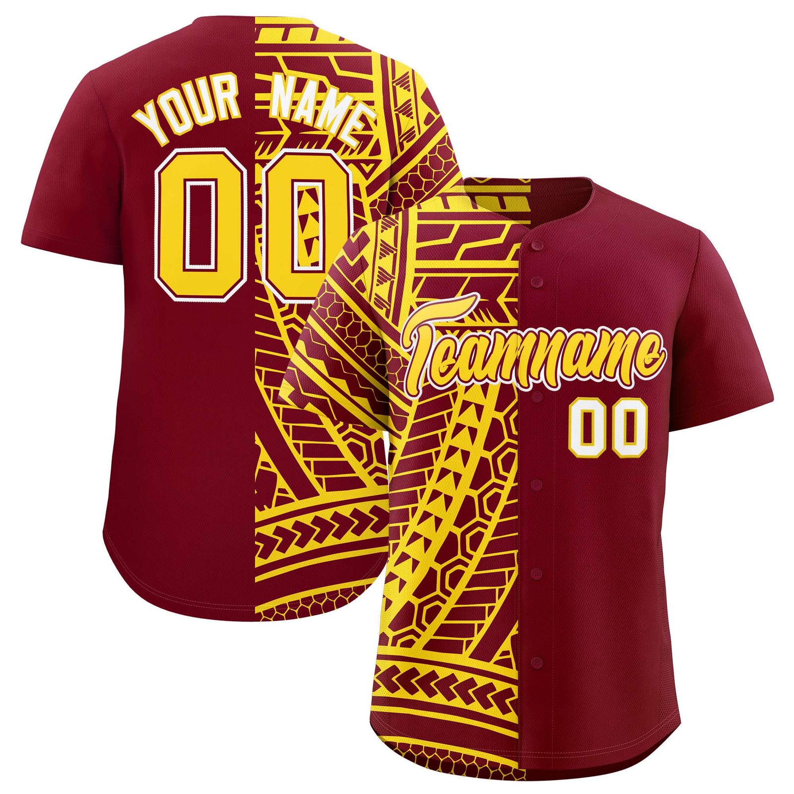 Custom Crimson Gold Split Fashion Tribal Pattern Authentic Baseball Jersey