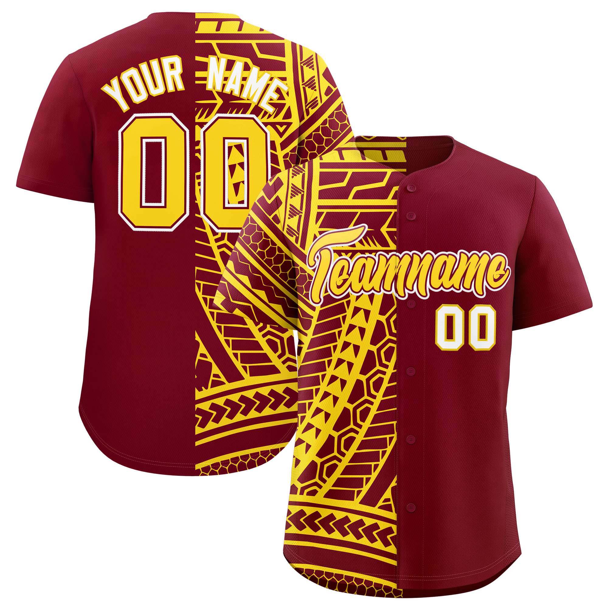 Custom Crimson Gold Split Fashion Tribal Pattern Authentic Baseball Jersey