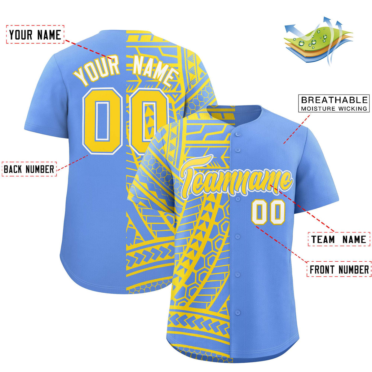 Custom Light Blue Gold Split Fashion Tribal Pattern Authentic Baseball Jersey