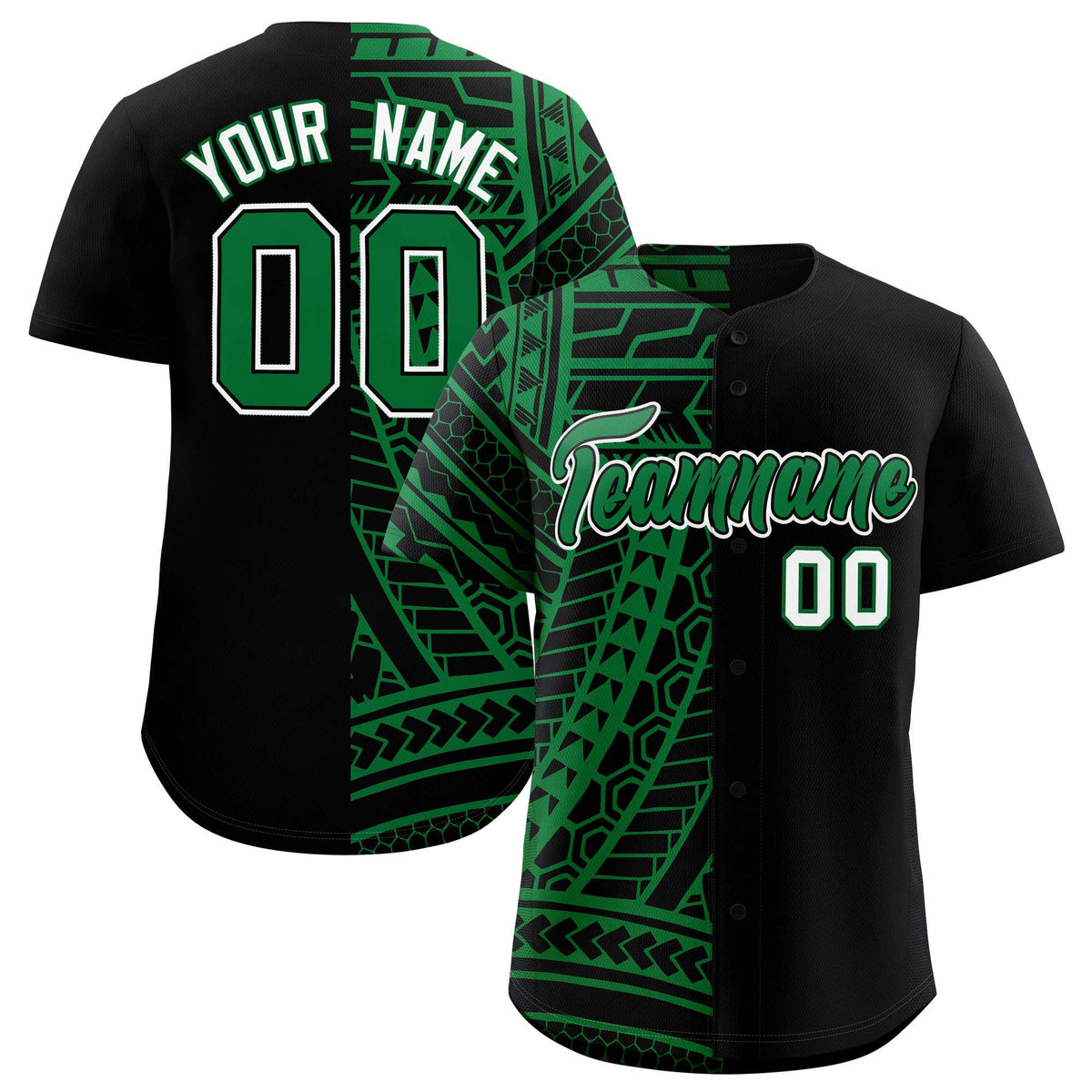 Custom Black Kelly Green Split Fashion Tribal Pattern Authentic Baseball Jersey