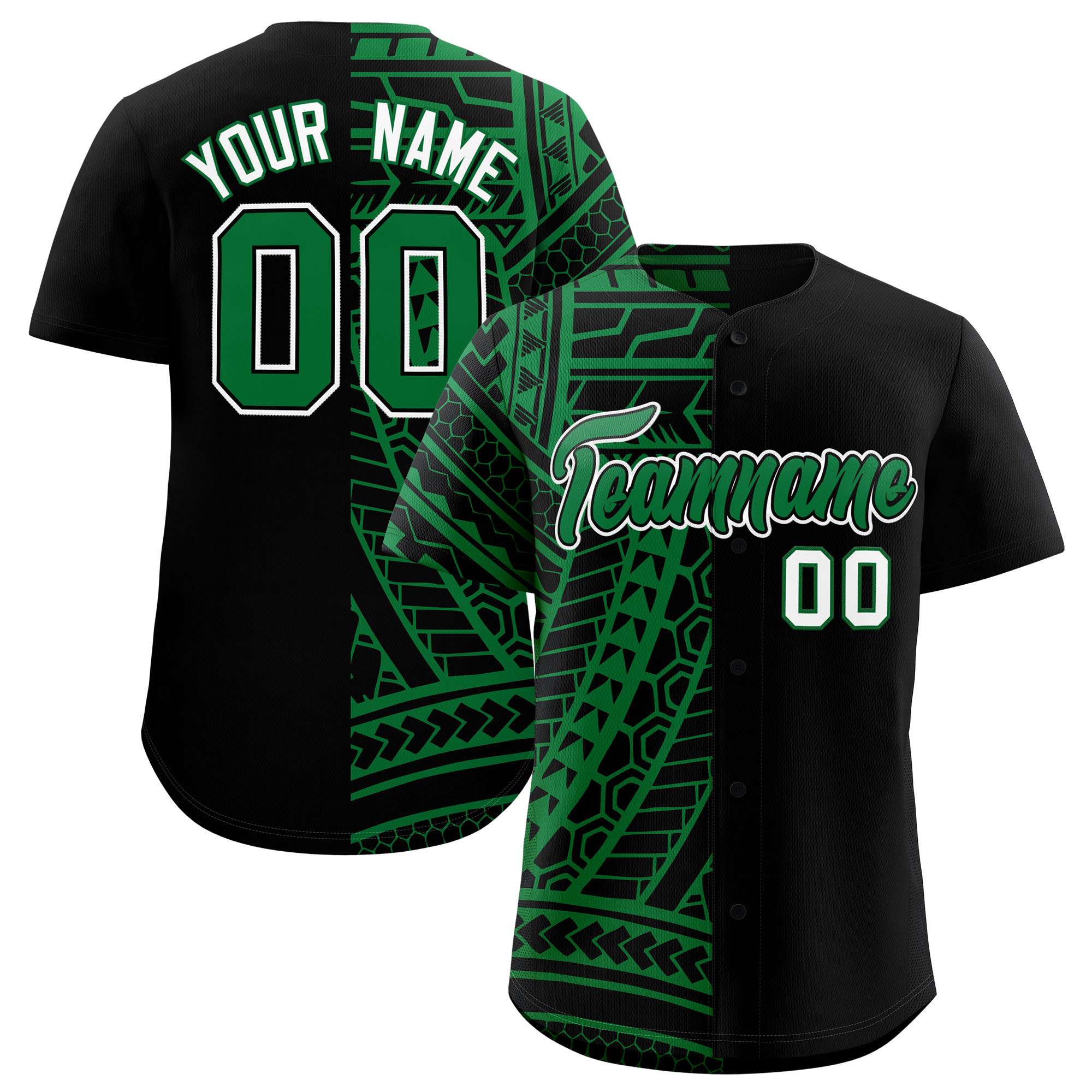 Custom Black Kelly Green Split Fashion Tribal Pattern Authentic Baseball Jersey