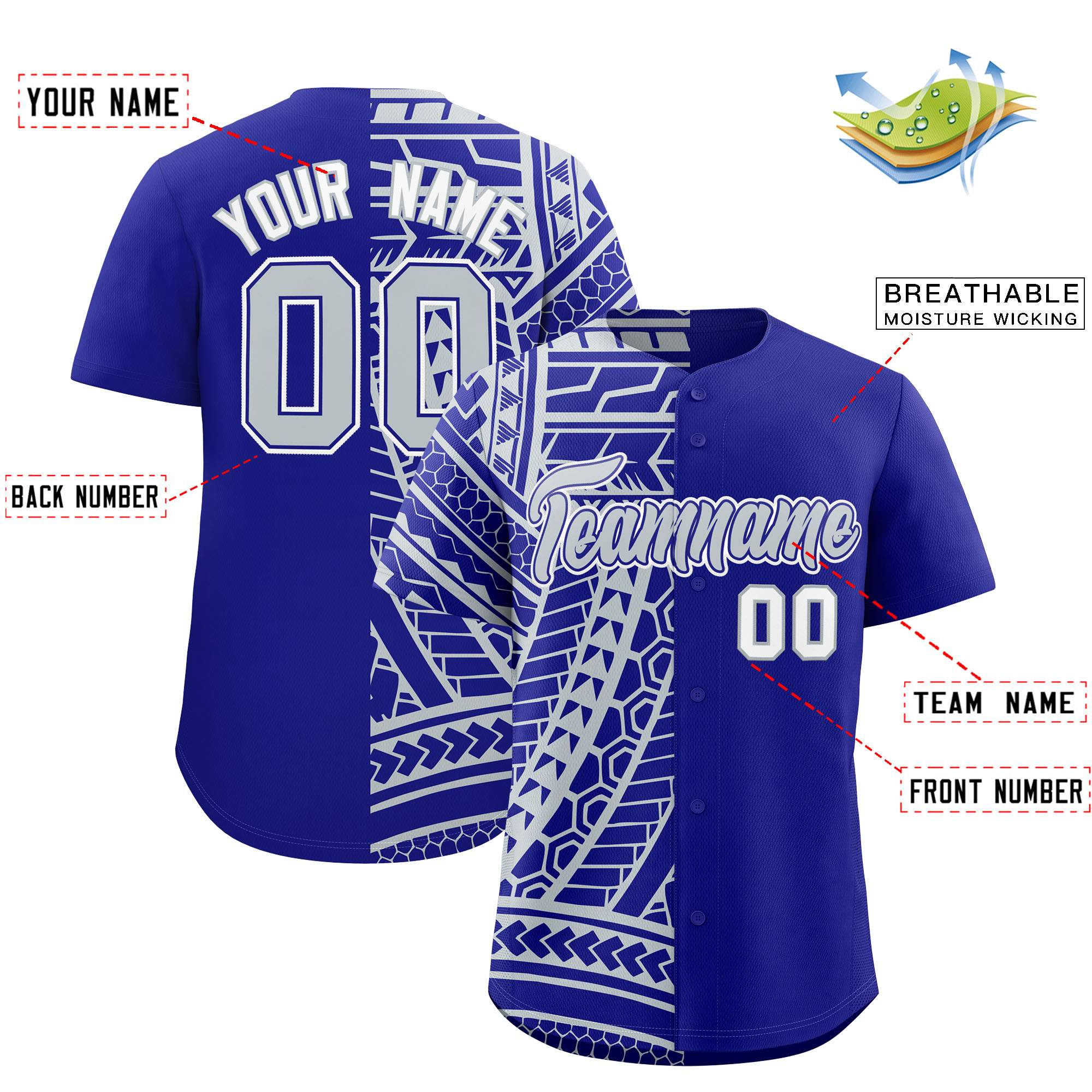 Custom Royal Silver Split Fashion Tribal Pattern Authentic Baseball Jersey