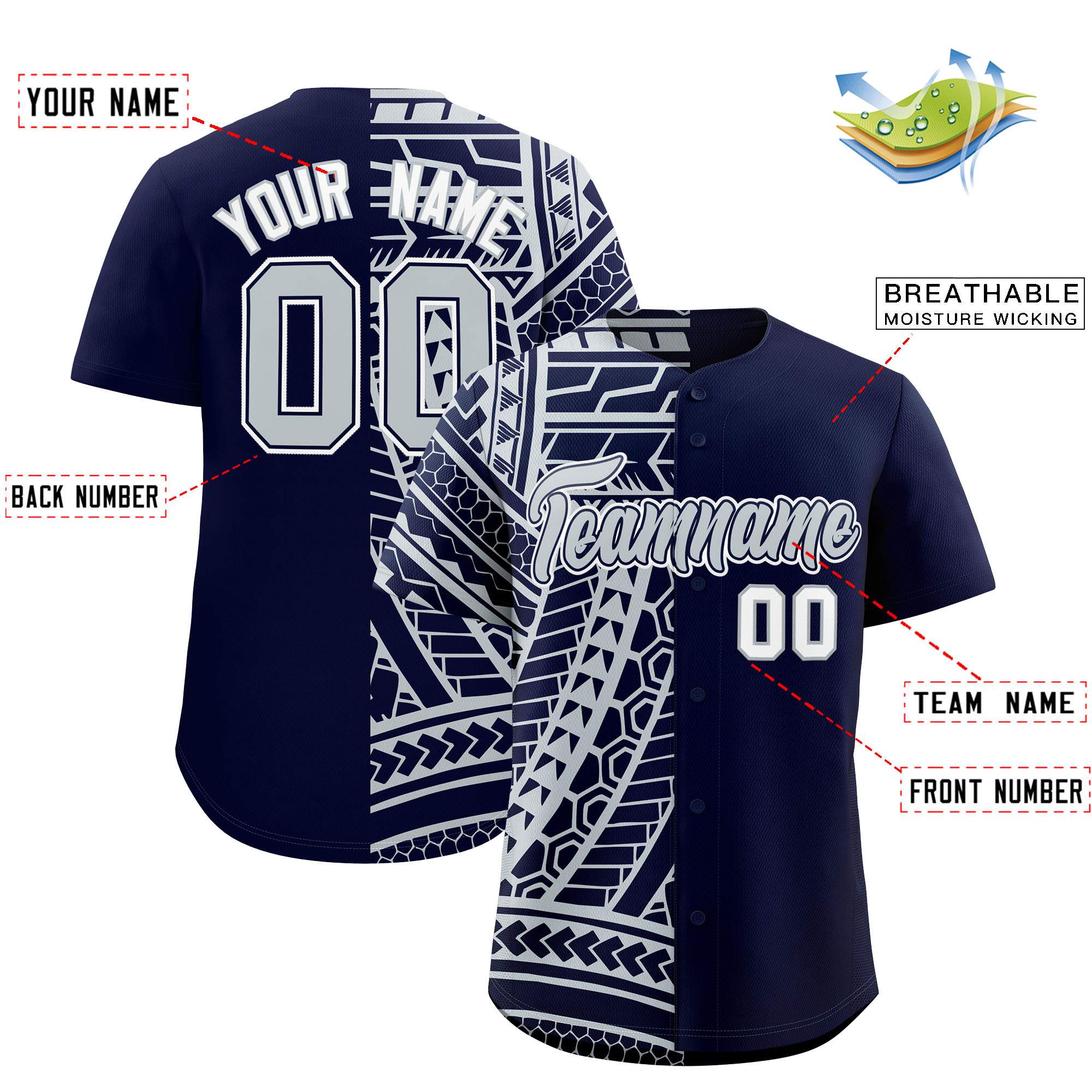 Custom Navy Silver Split Fashion Tribal Pattern Authentic Baseball Jersey