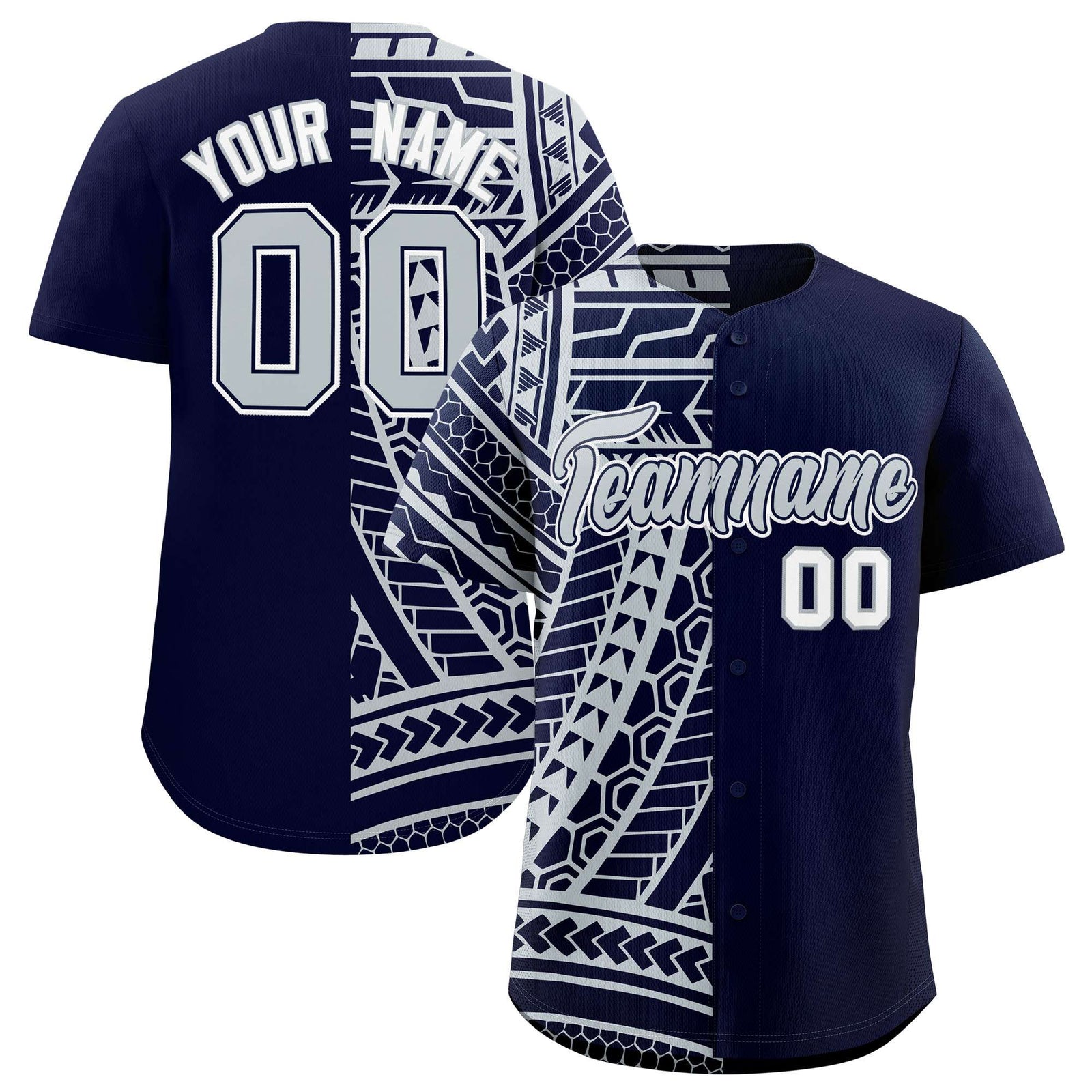 Custom Navy Silver Split Fashion Tribal Pattern Authentic Baseball Jersey