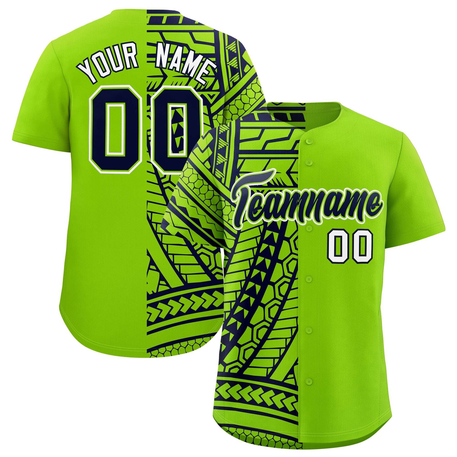 Custom Neon Green Navy Split Fashion Tribal Pattern Authentic Baseball Jersey