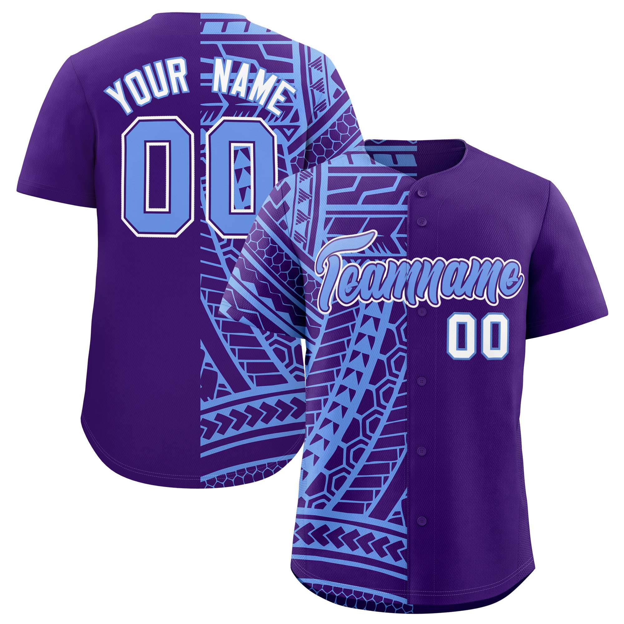 Custom Light Blue Purple Split Fashion Tribal Pattern Authentic Baseball Jersey