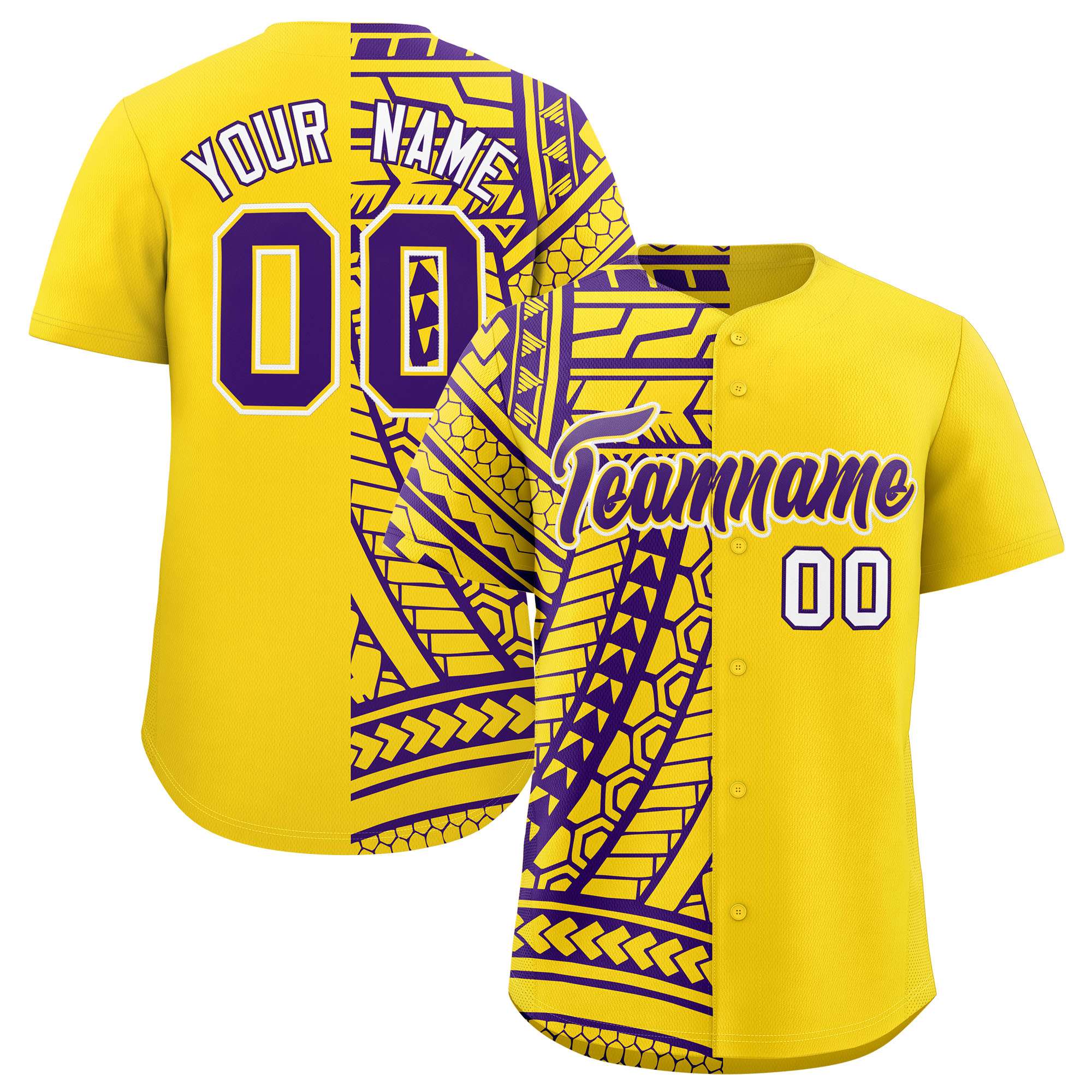 Custom Gold Purple Split Fashion Tribal Pattern Authentic Baseball Jersey