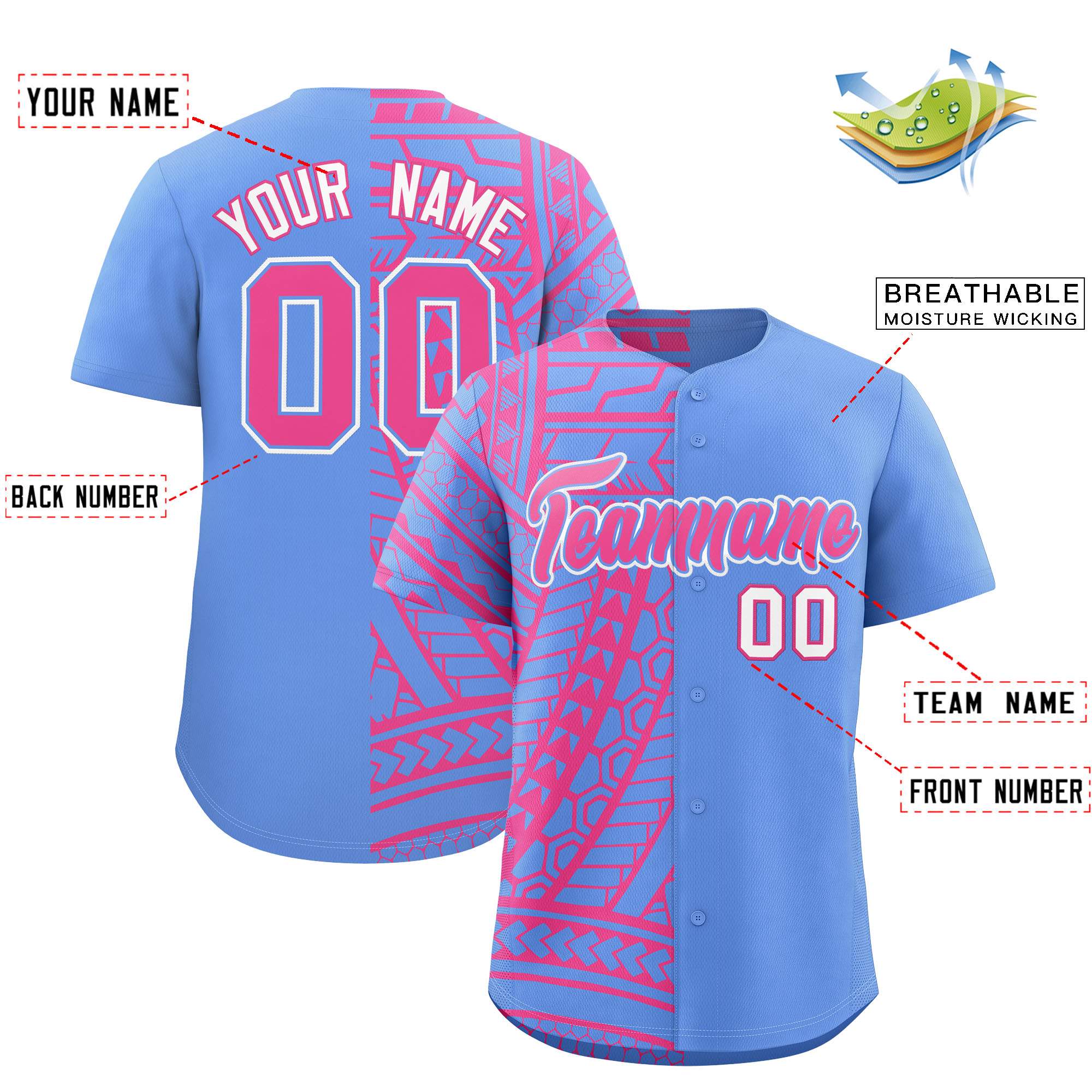Custom Light Blue Pink Split Fashion Tribal Pattern Authentic Baseball Jersey