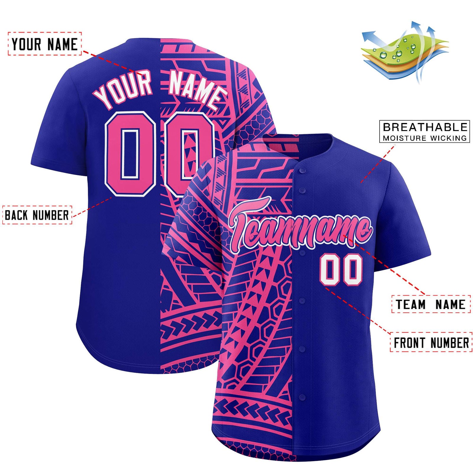Custom Royal Pink Split Fashion Tribal Pattern Authentic Baseball Jersey