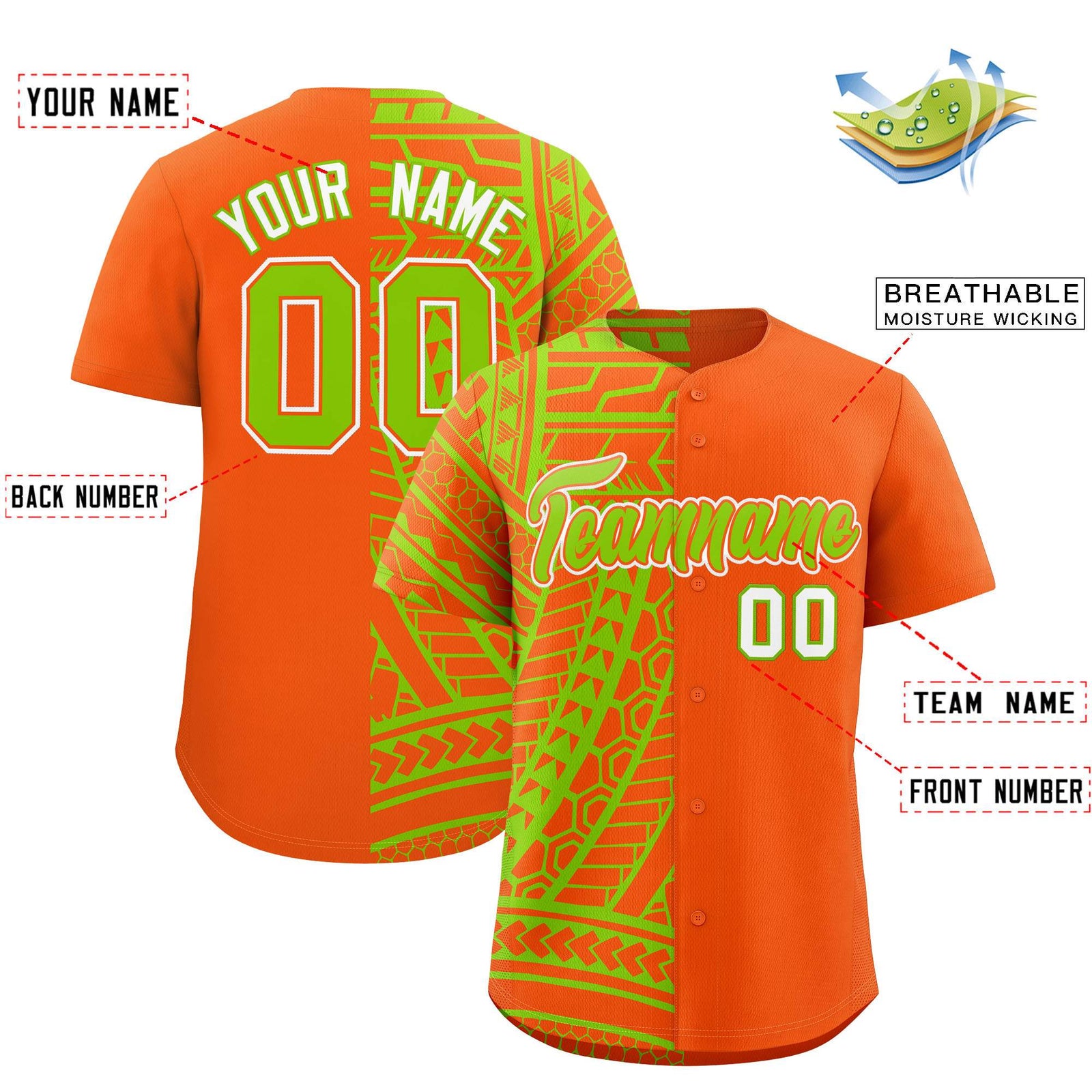 Custom Orange Neon Green Split Fashion Tribal Pattern Authentic Baseball Jersey