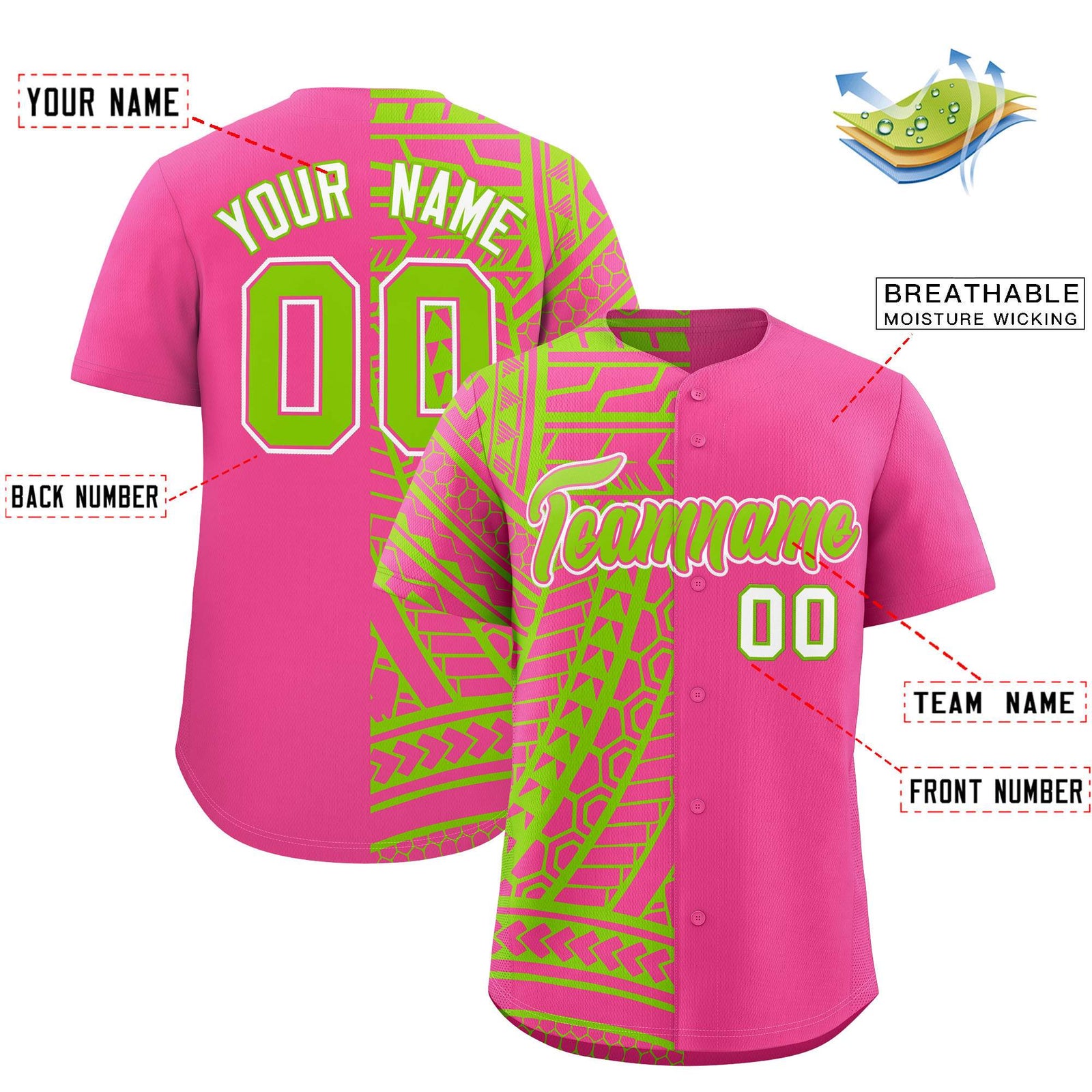 Custom Pink Neon Green Split Fashion Tribal Pattern Authentic Baseball Jersey