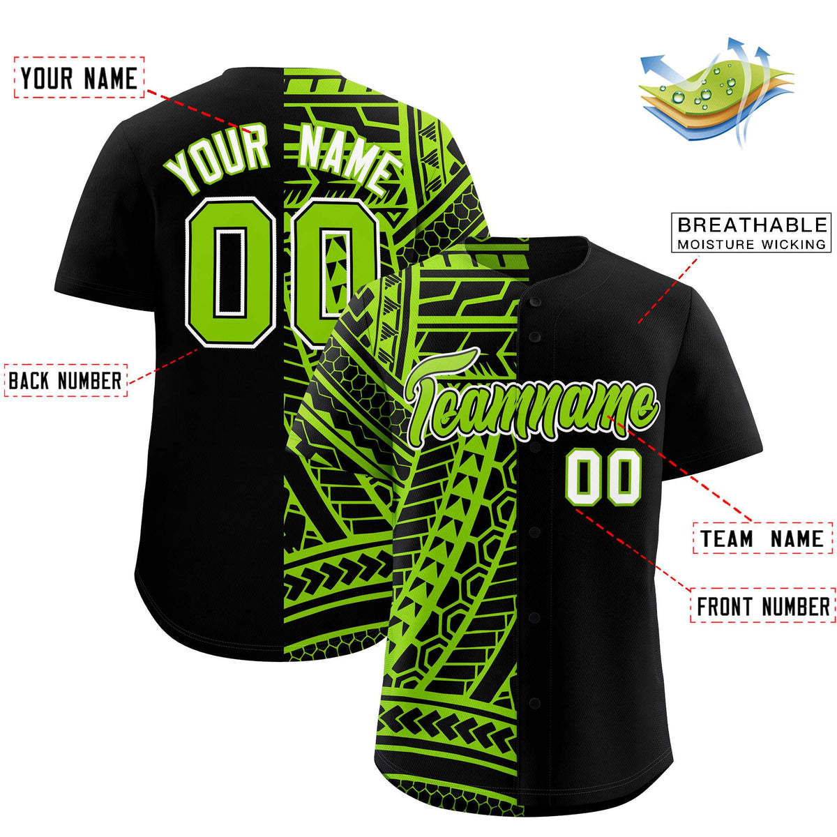 Custom Black Neon Green Split Fashion Tribal Pattern Authentic Baseball Jersey