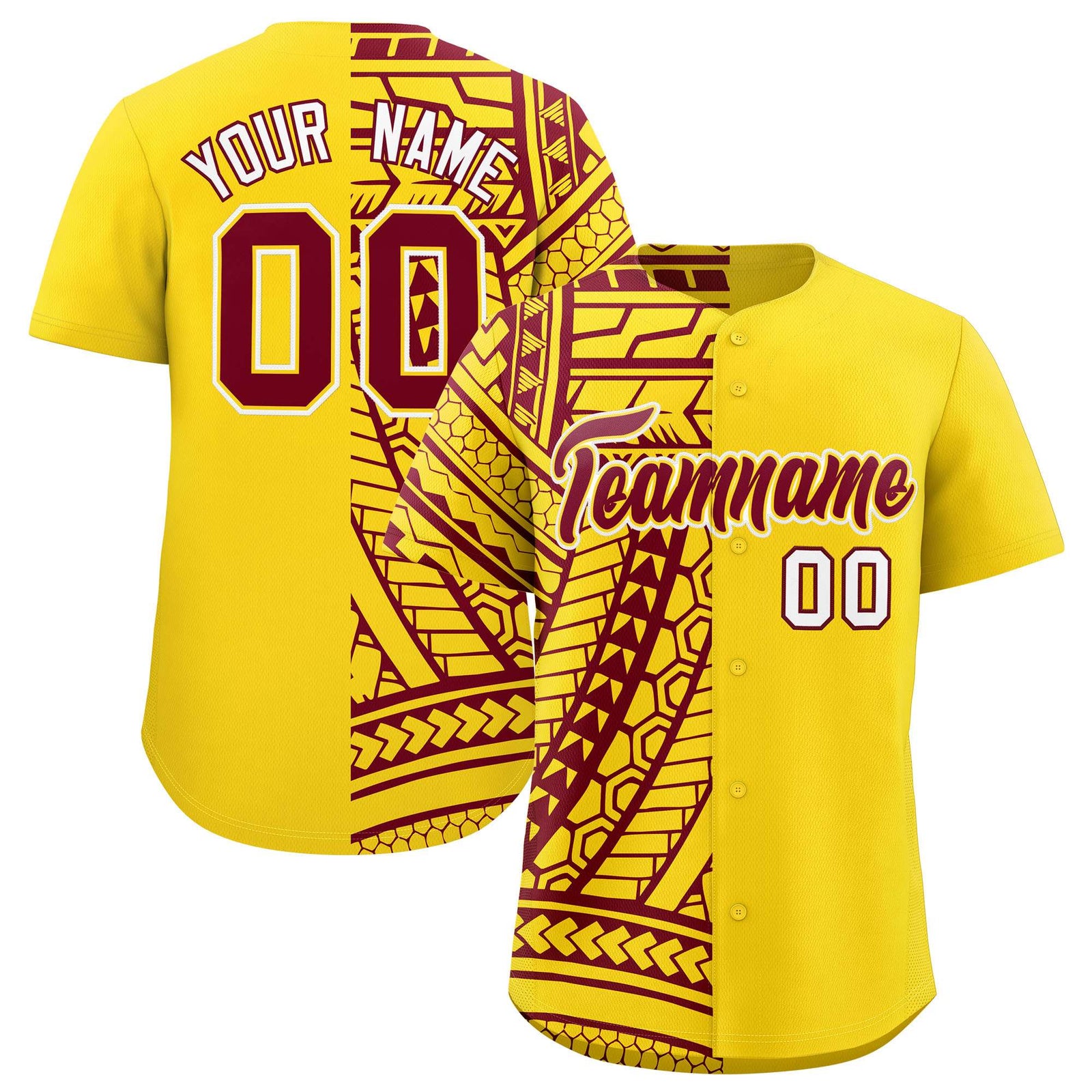 Custom Gold Crimson Split Fashion Tribal Pattern Authentic Baseball Jersey
