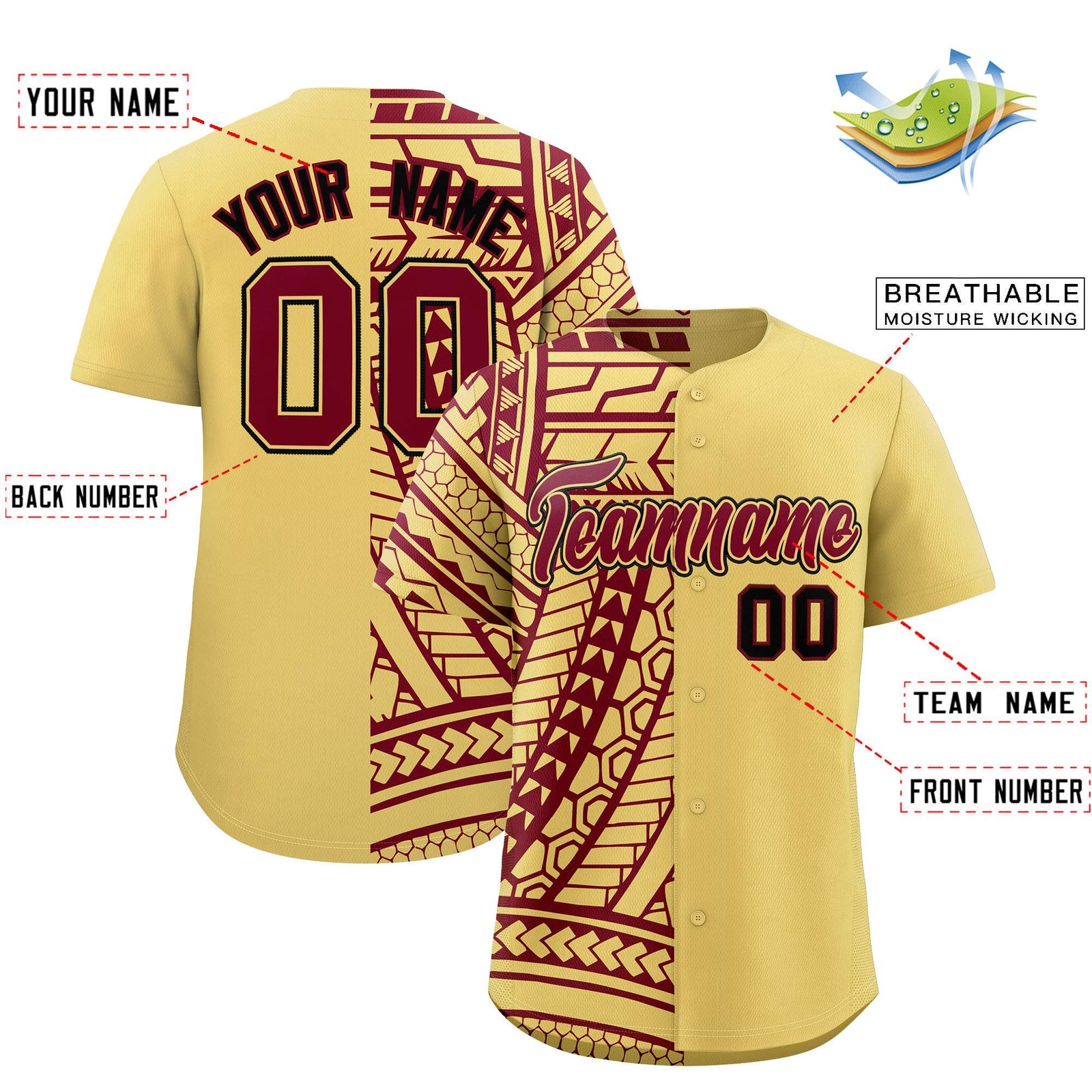 Custom Khaki Crimson Split Fashion Tribal Pattern Authentic Baseball Jersey