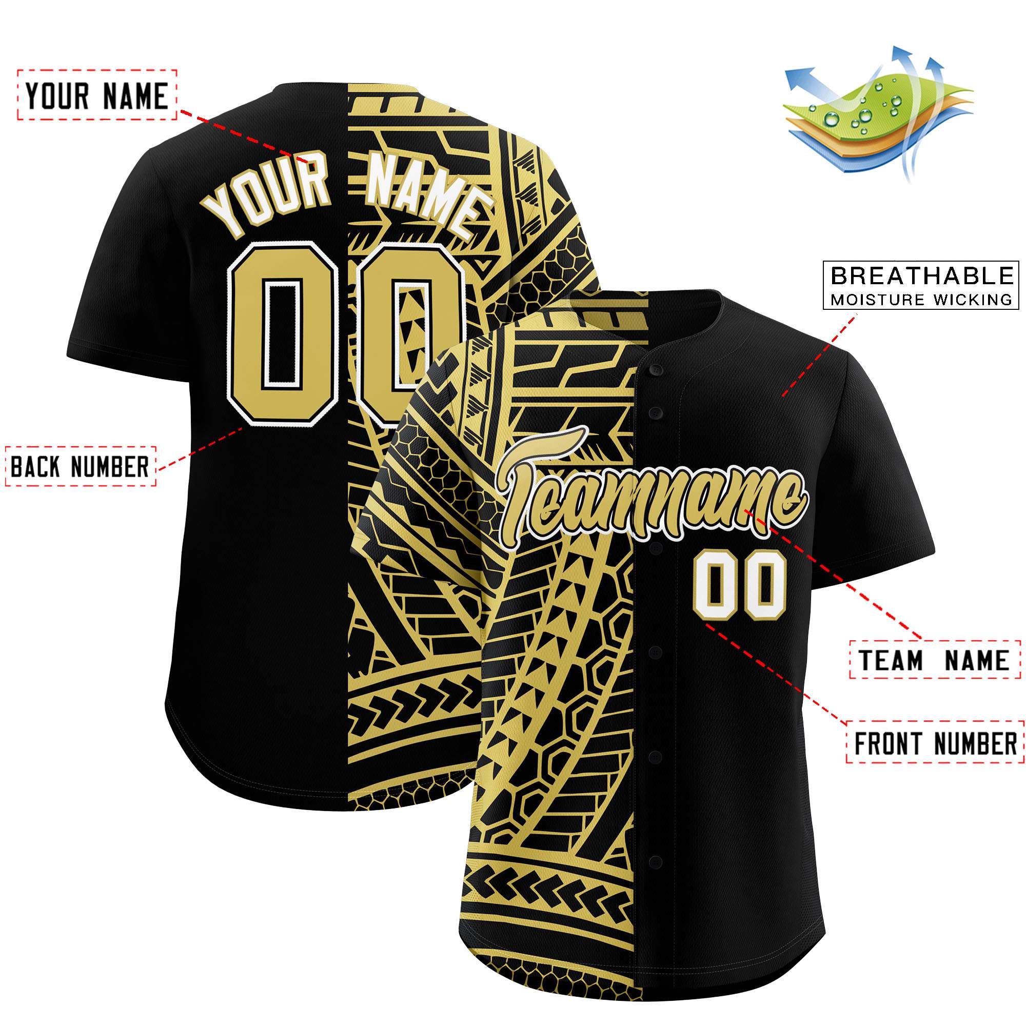 Custom Black Old Gold Split Fashion Tribal Pattern Authentic Baseball Jersey