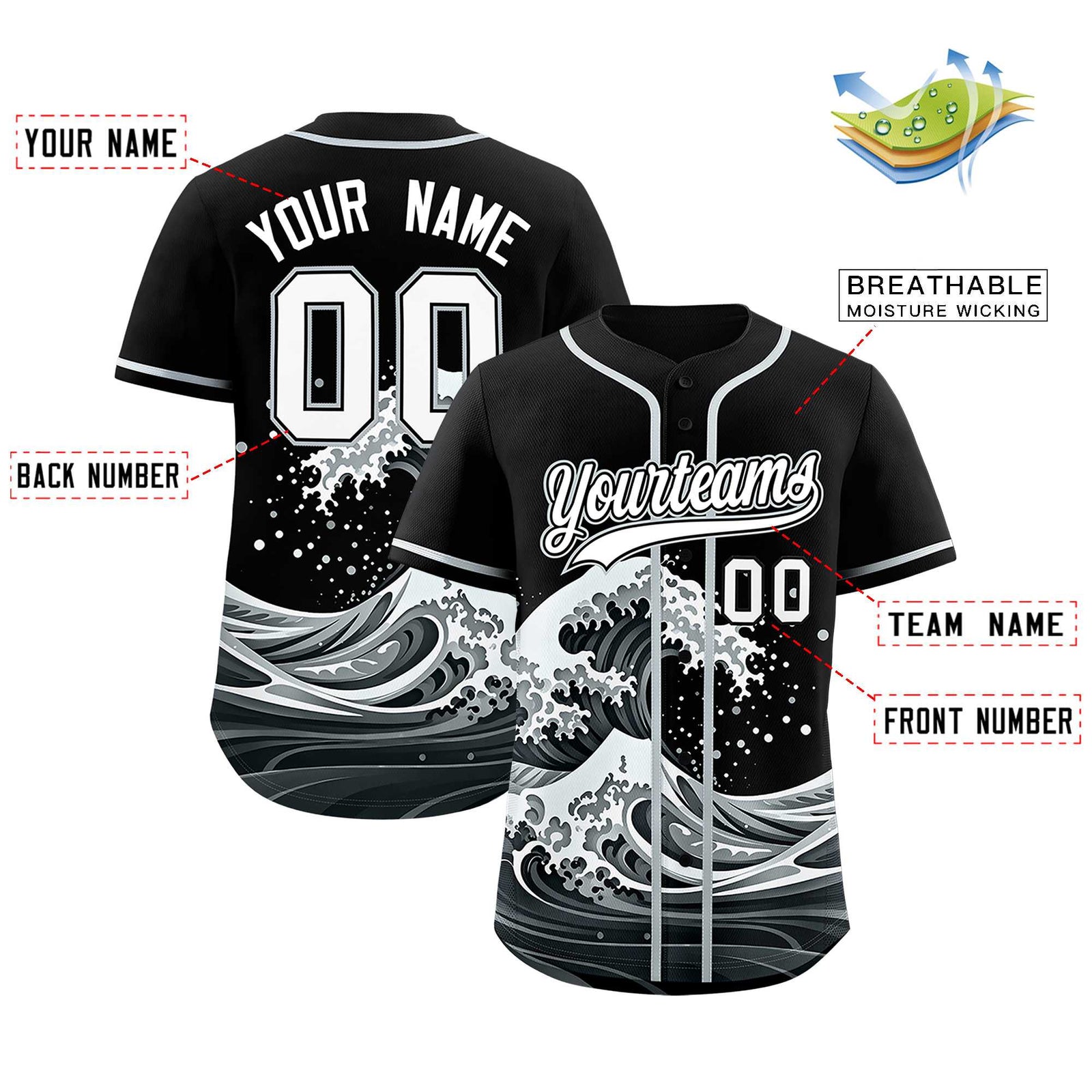 Custom Black Wave Graffiti Pattern Authentic Baseball Jersey