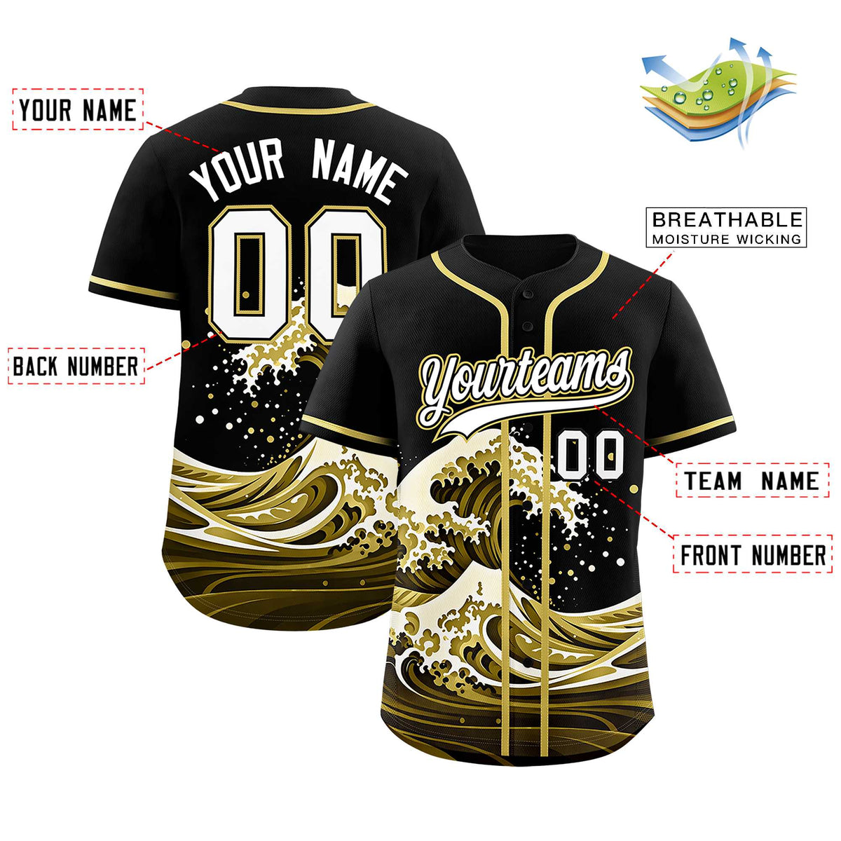 Custom Black Wave Graffiti Pattern Authentic Baseball Jersey