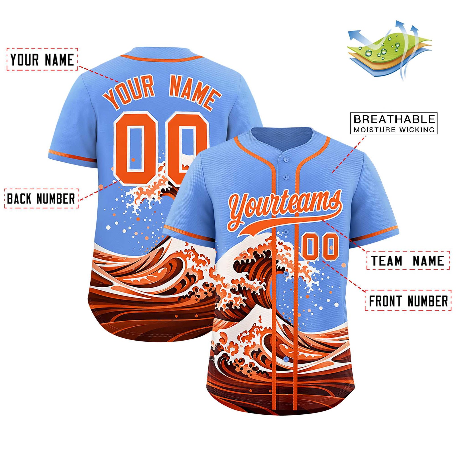 Custom Light Blue Wave Graffiti Pattern Authentic Baseball Jersey