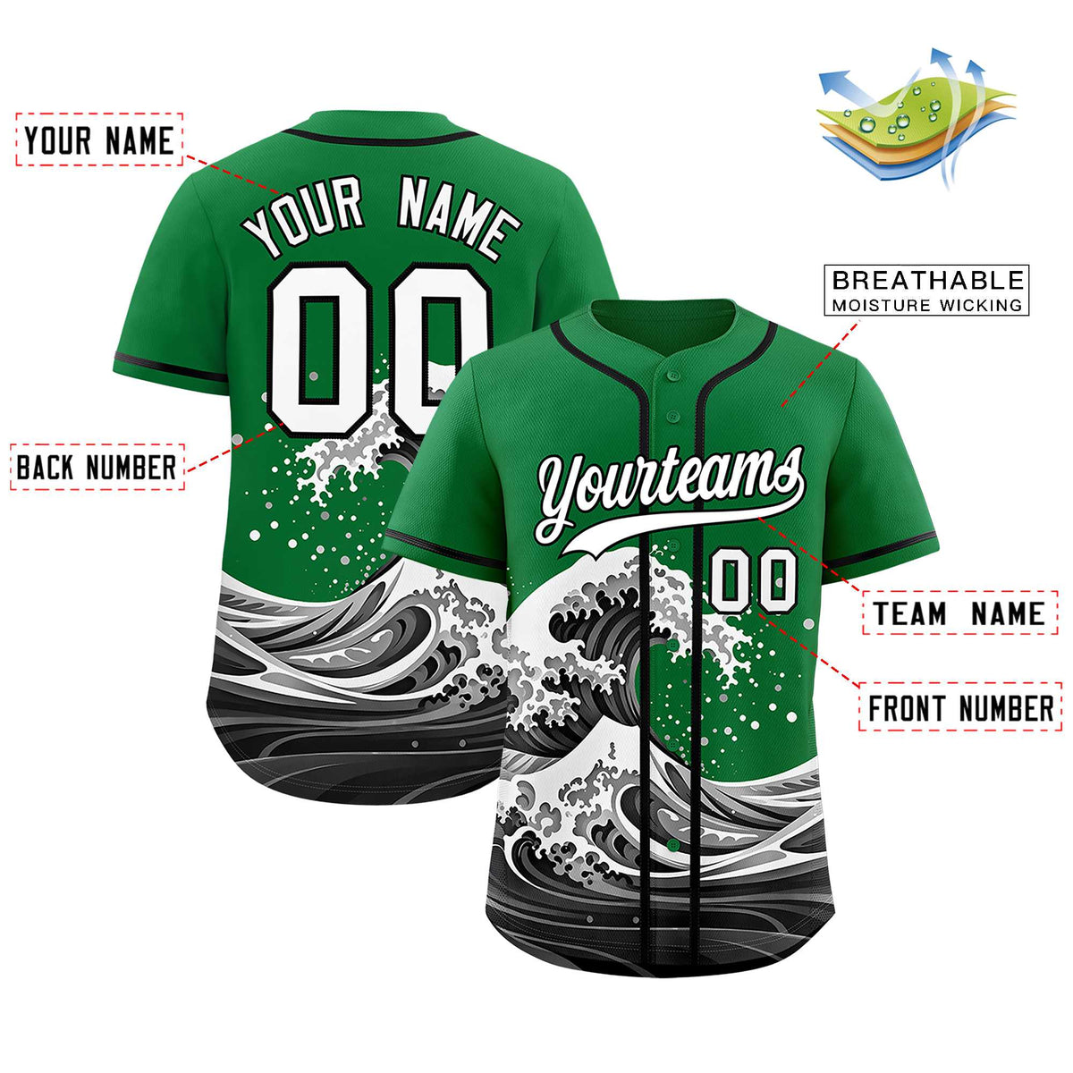 Custom Kelly Green Wave Graffiti Pattern Authentic Baseball Jersey