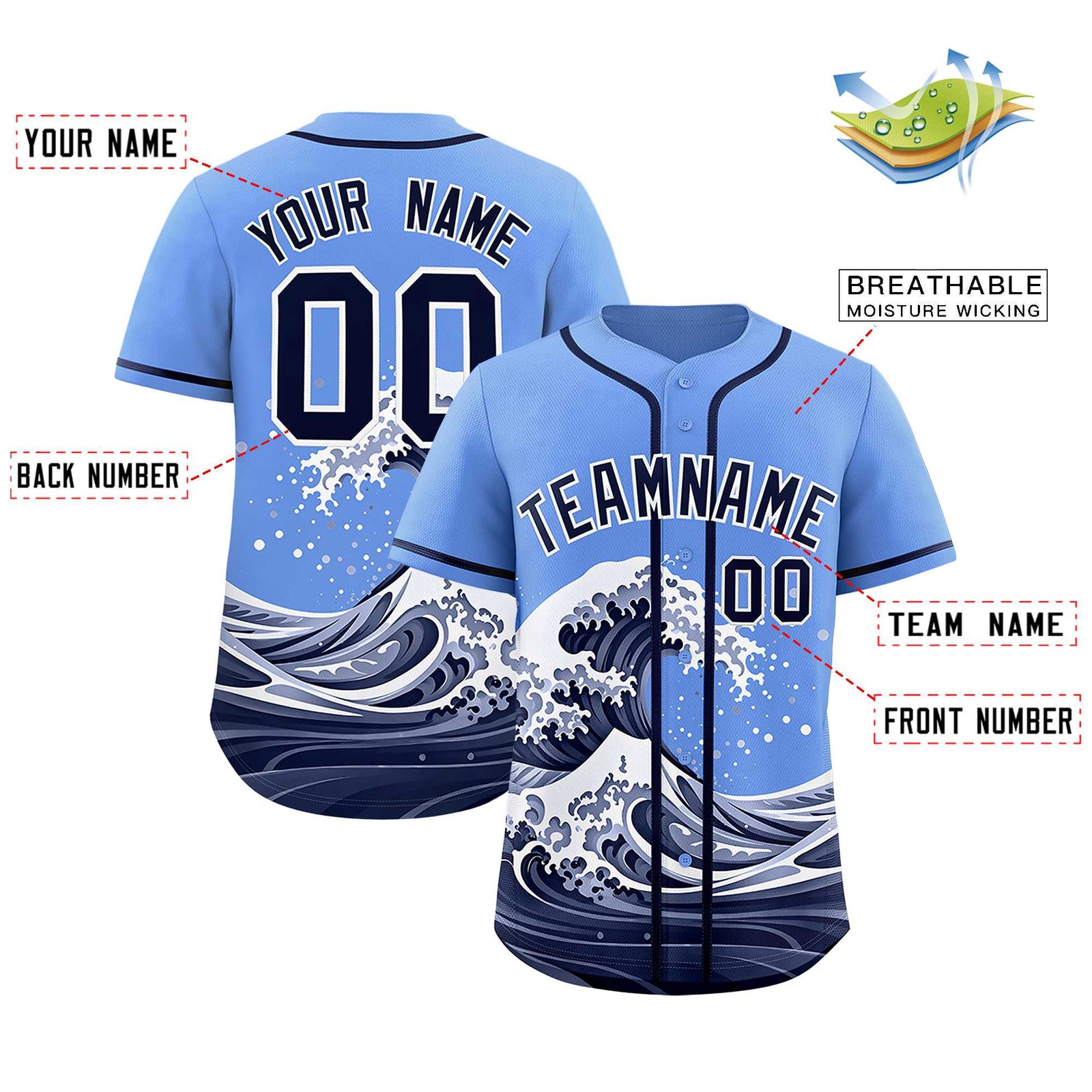 Custom Light Blue Wave Graffiti Pattern Authentic Baseball Jersey