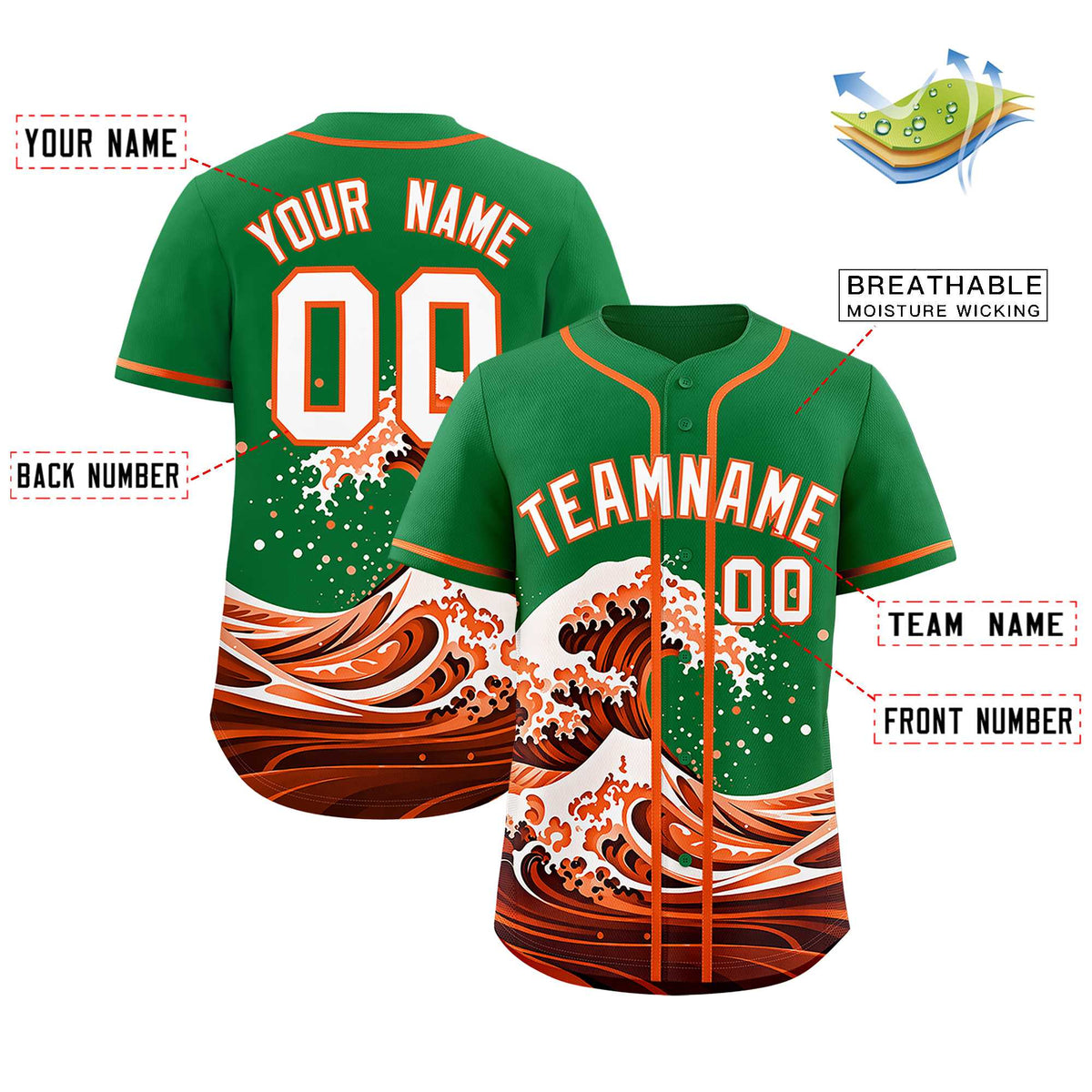 Custom Kelly Green Wave Graffiti Pattern Authentic Baseball Jersey