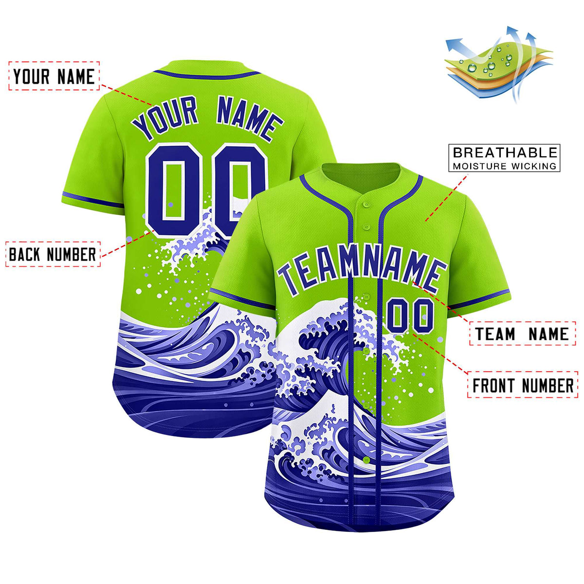 Custom Neon Green Wave Graffiti Pattern Authentic Baseball Jersey