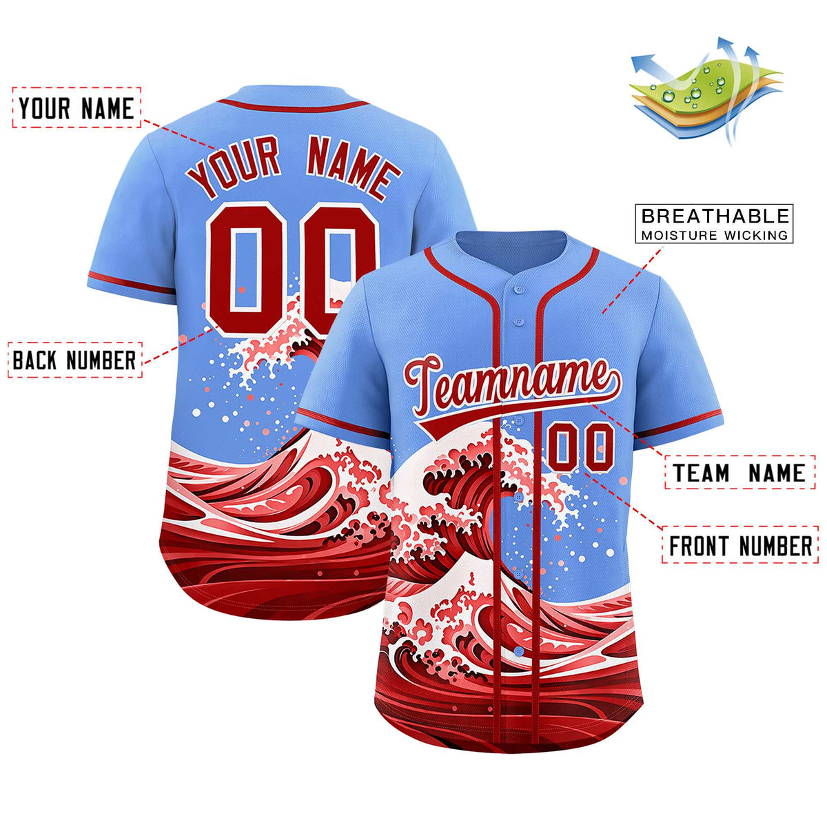 Custom Light Blue Wave Graffiti Pattern Authentic Baseball Jersey