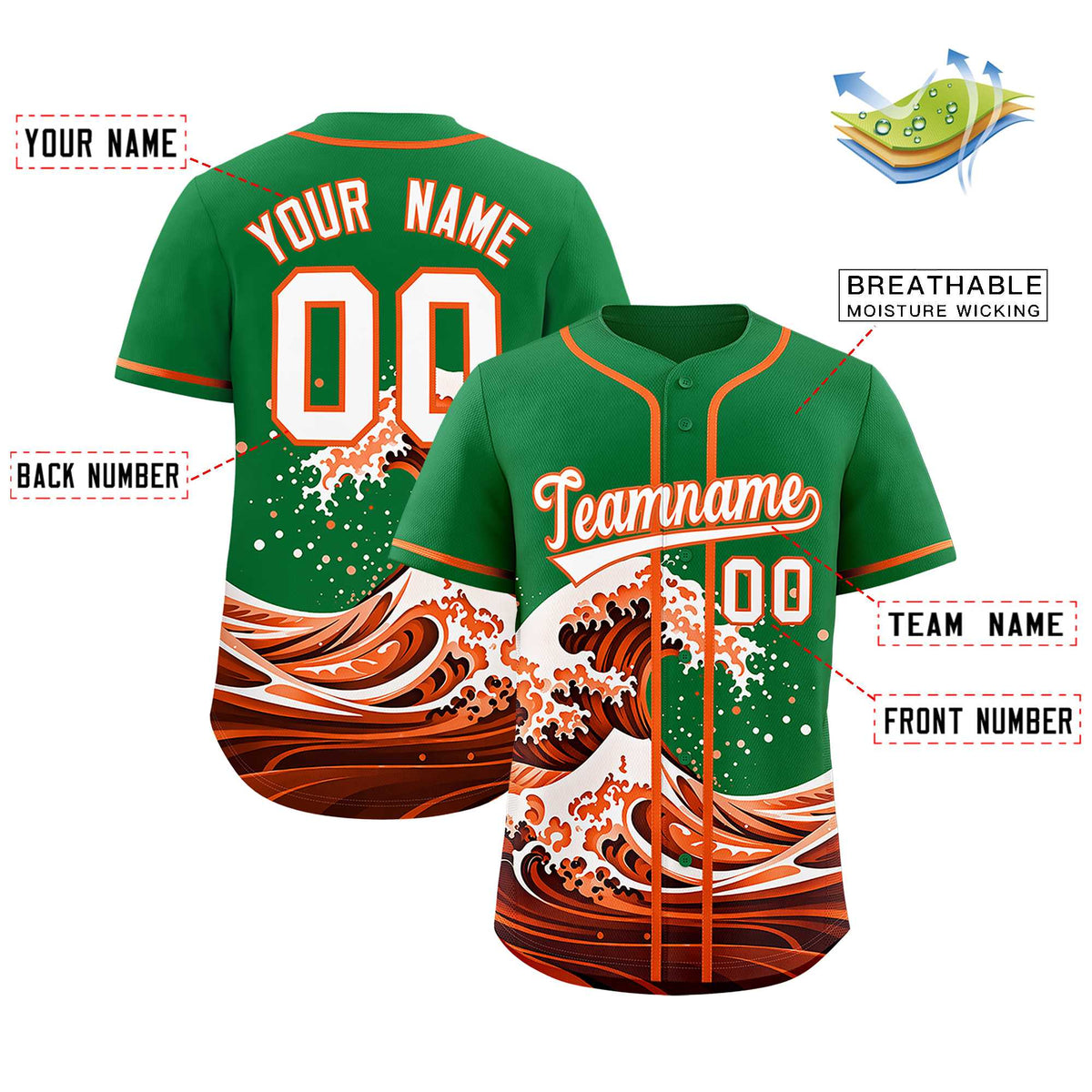 Custom Kelly Green Wave Graffiti Pattern Authentic Baseball Jersey