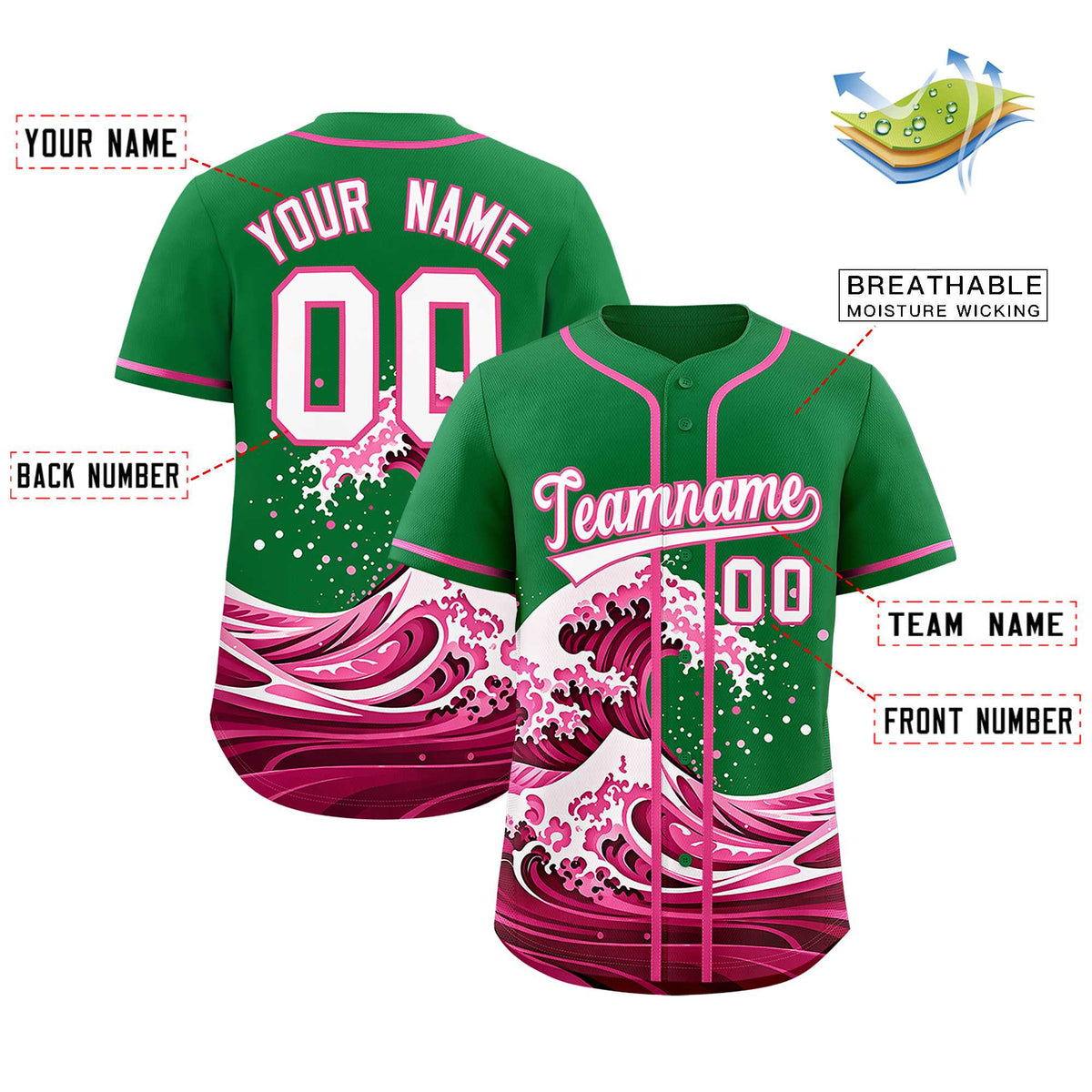 Custom Kelly Green Wave Graffiti Pattern Authentic Baseball Jersey