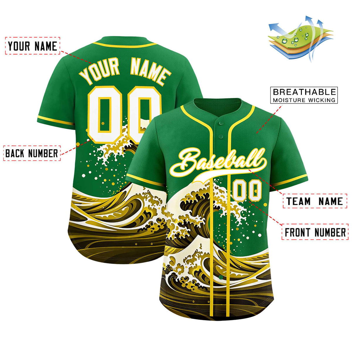 Custom Kelly Green Wave Graffiti Pattern Authentic Baseball Jersey