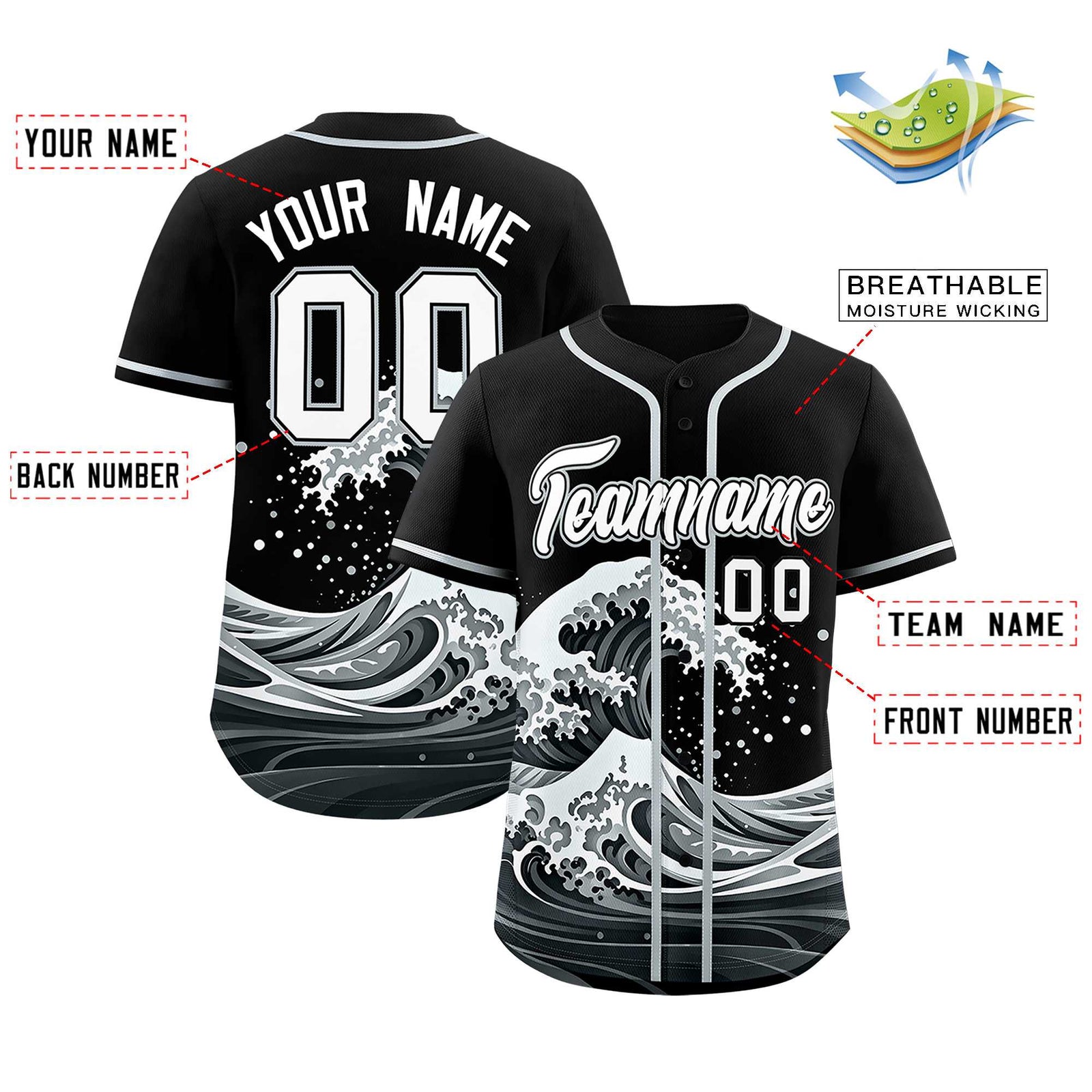 Custom Black Wave Graffiti Pattern Authentic Baseball Jersey