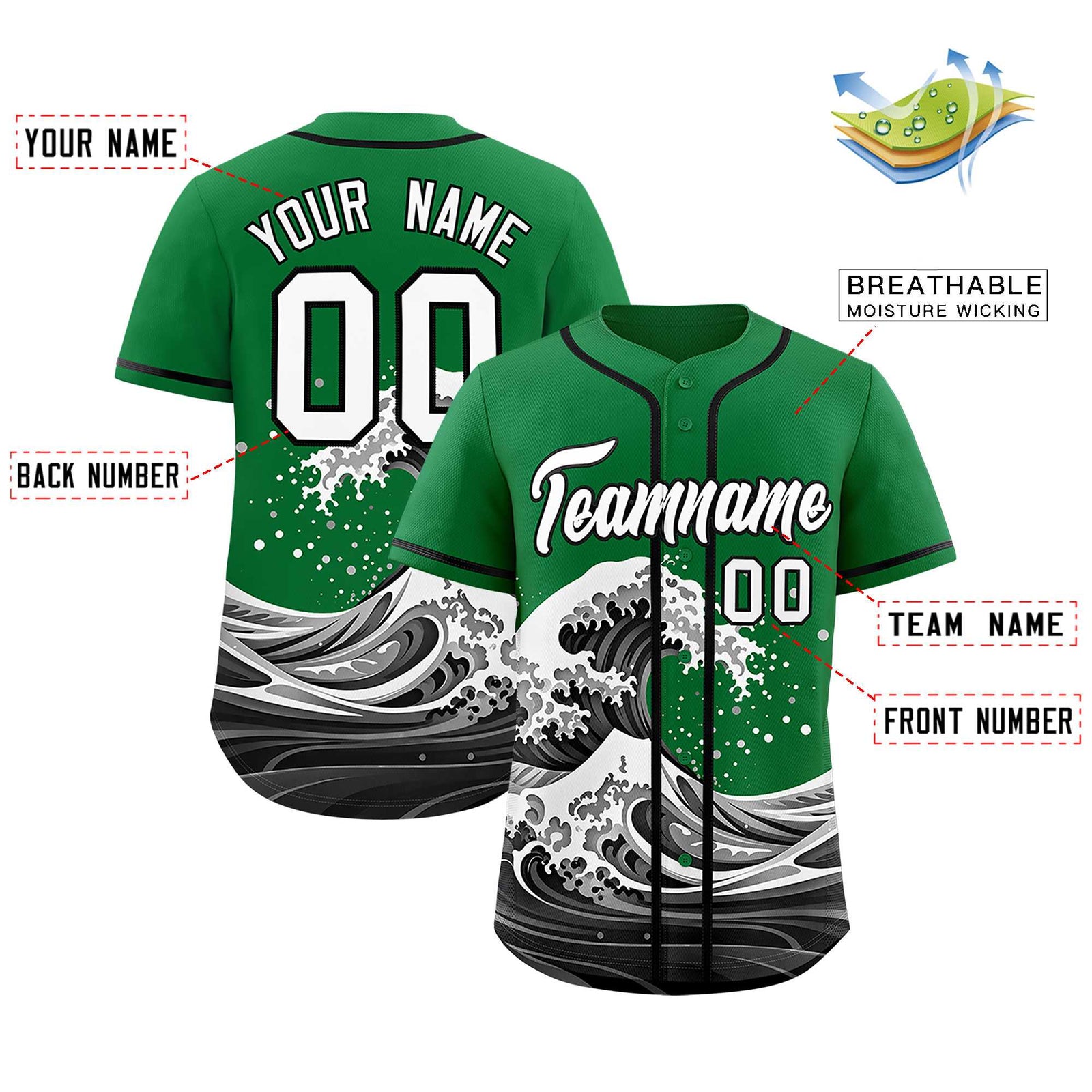 Custom Kelly Green Wave Graffiti Pattern Authentic Baseball Jersey