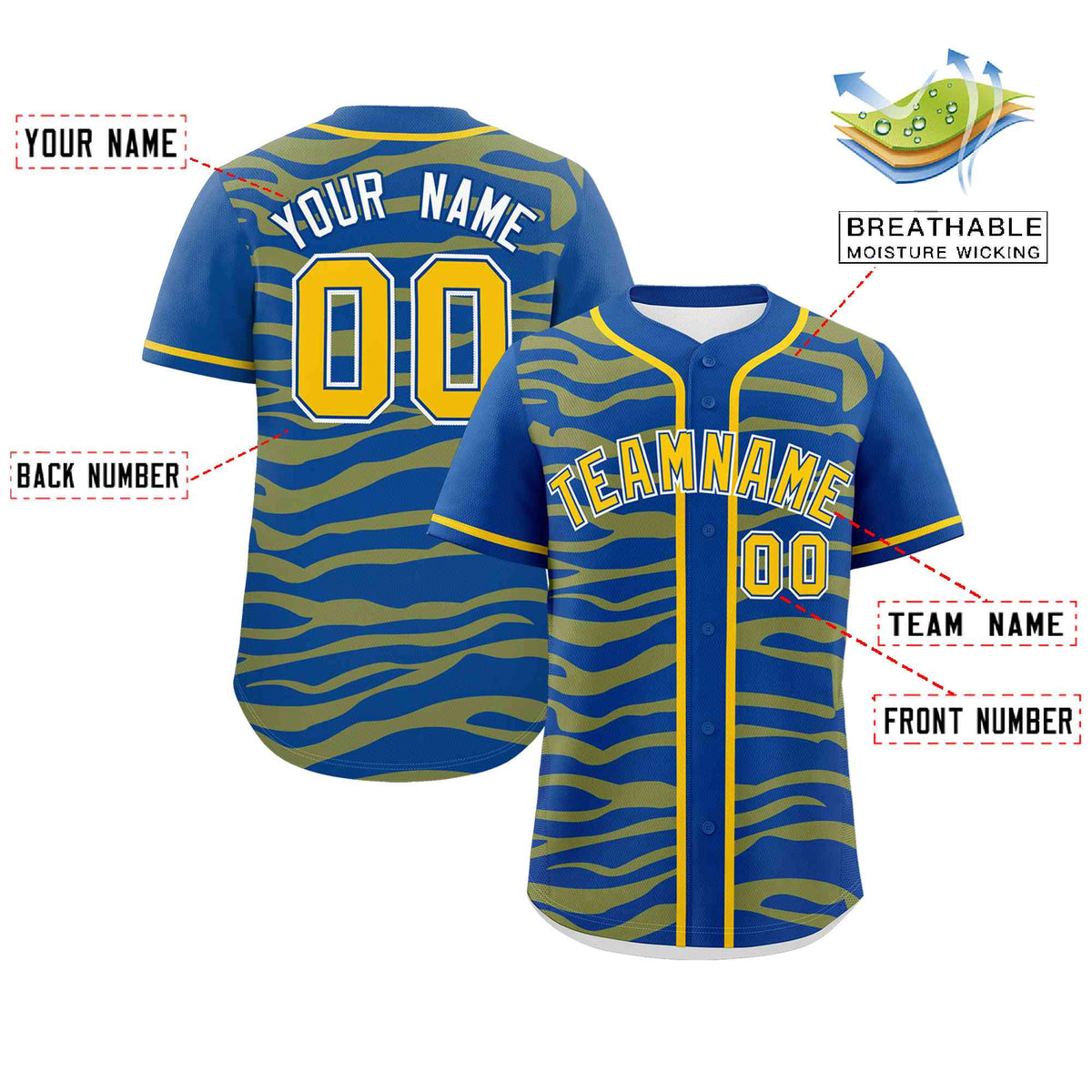 Custom Royal Gold Zebra Stripes Graffiti Pattern Authentic Baseball Jersey