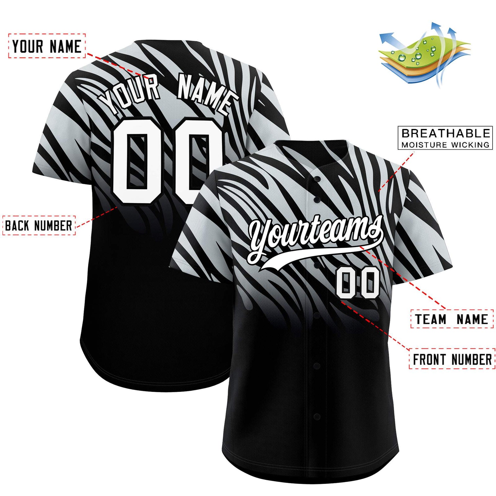 Custom Silver Black Tiger Stripe Gradient Animal Print Personalized Team Shirt Baseball Jersey
