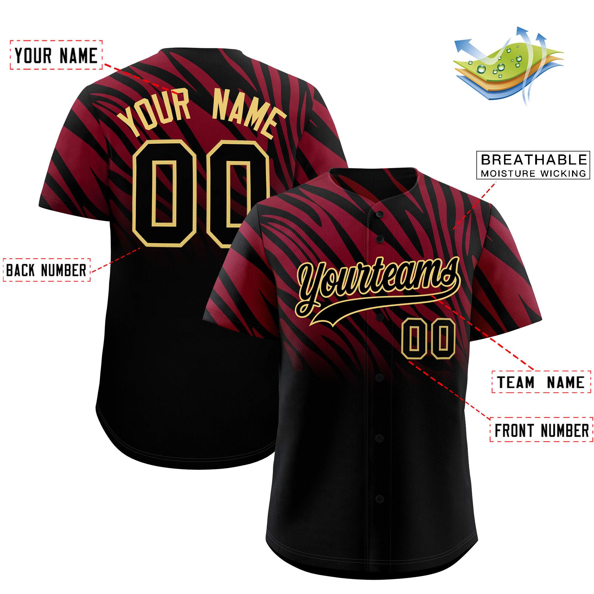 Custom Crimson Black Tiger Stripe Gradient Animal Print Personalized Team Shirt Baseball Jersey