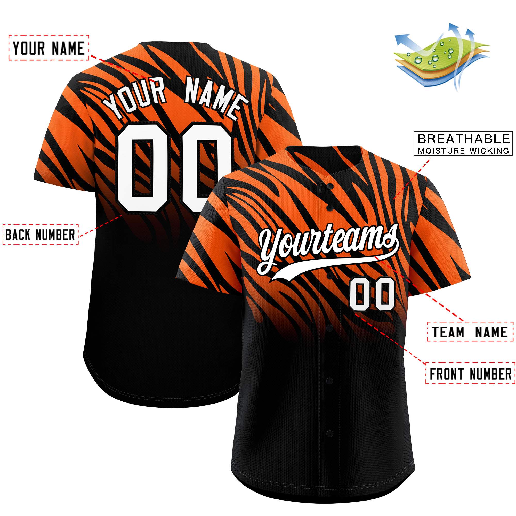 Custom Orange Black Tiger Stripe Gradient Animal Print Personalized Team Shirt Baseball Jersey
