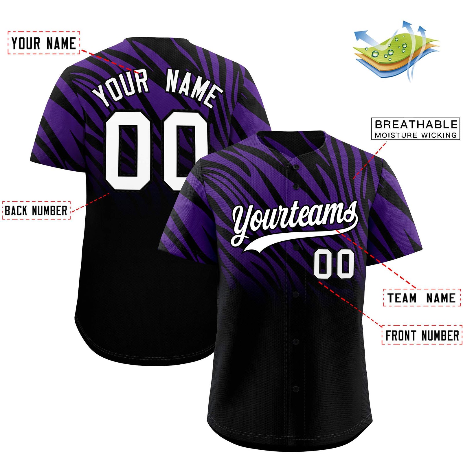 Custom Purple Black Tiger Stripe Gradient Animal Print Personalized Team Shirt Baseball Jersey