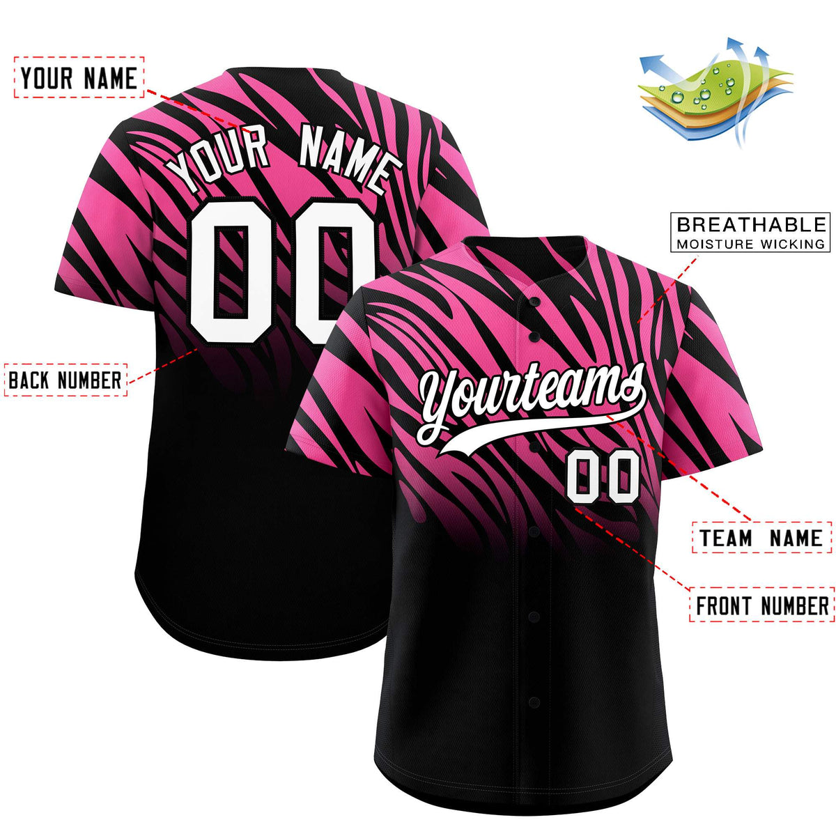 Custom Pink Black Tiger Stripe Gradient Animal Print Personalized Team Shirt Baseball Jersey