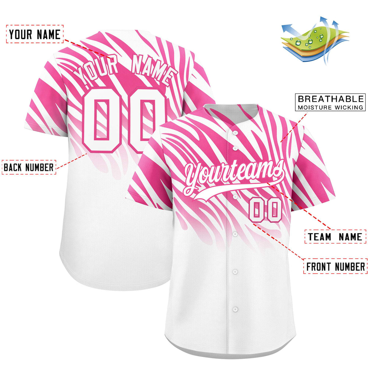 Custom Pink White Tiger Stripe Gradient Animal Print Personalized Team Shirt Baseball Jersey