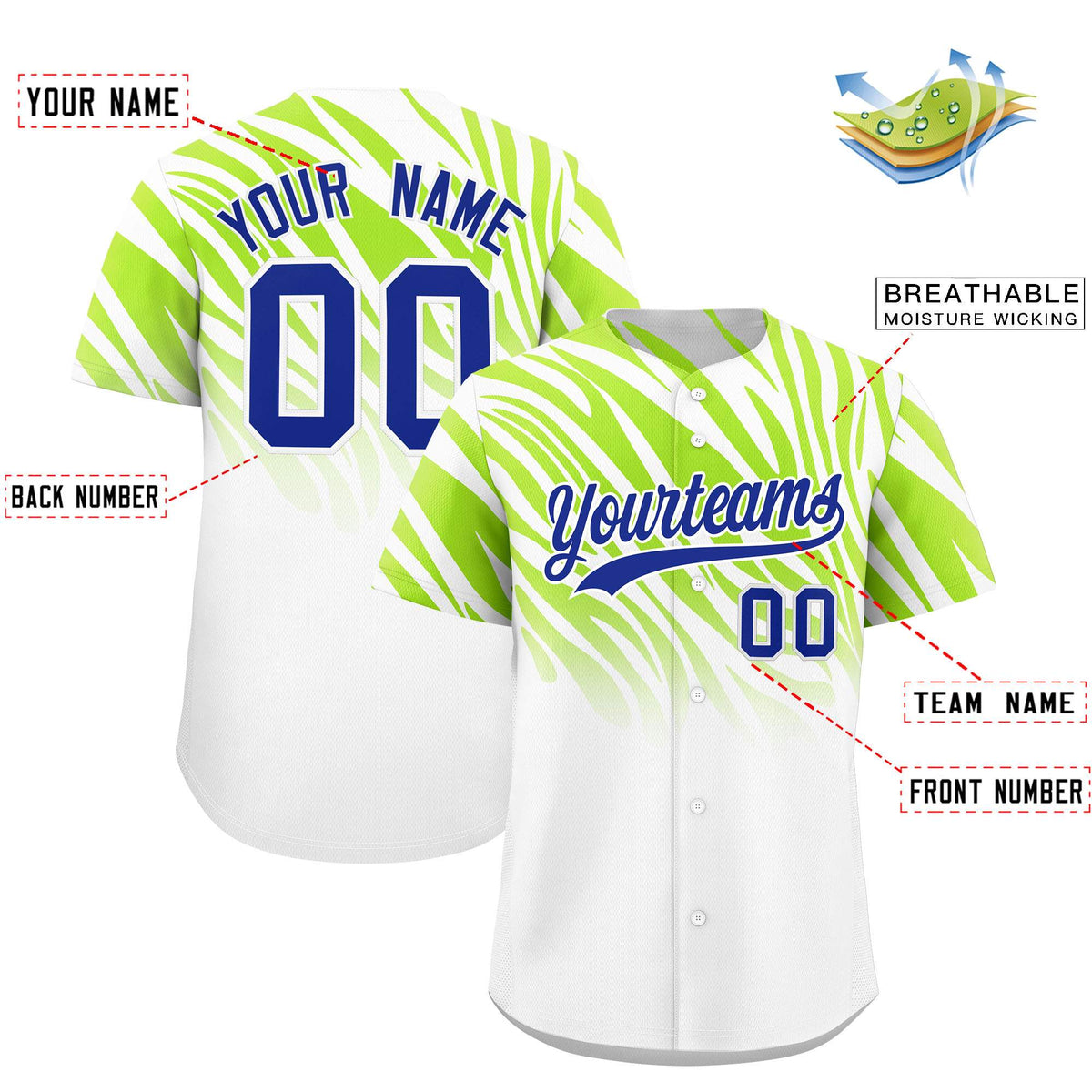 Custom Neon Green White Tiger Stripe Gradient Animal Print Personalized Team Shirt Baseball Jersey