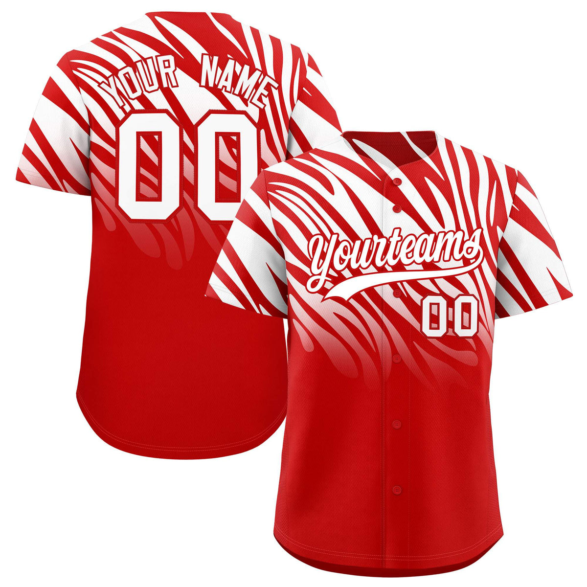 Custom Red White Tiger Stripe Gradient Animal Print Personalized Team Shirt Baseball Jersey