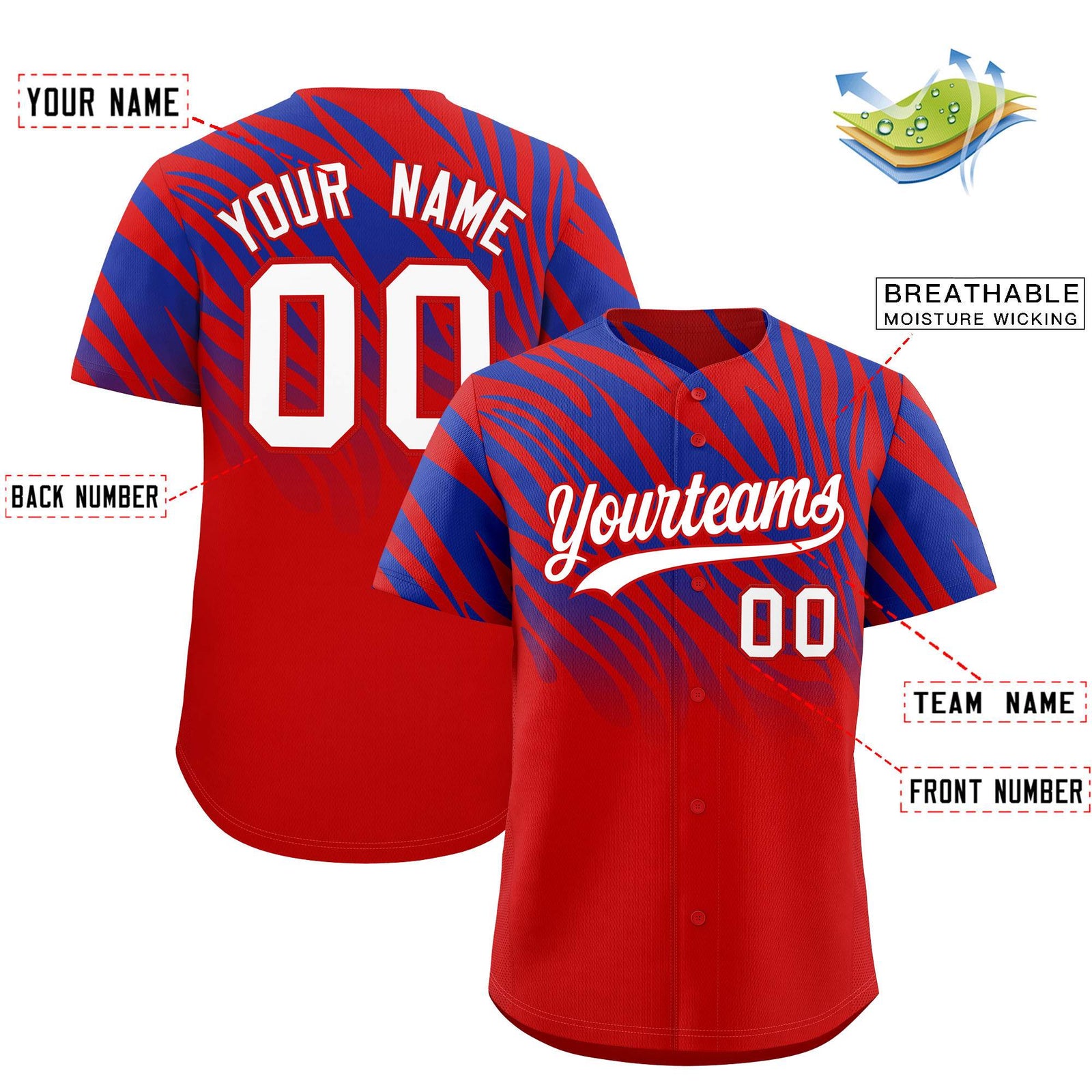 Custom Royal Red Tiger Stripe Gradient Animal Print Personalized Team Shirt Baseball Jersey