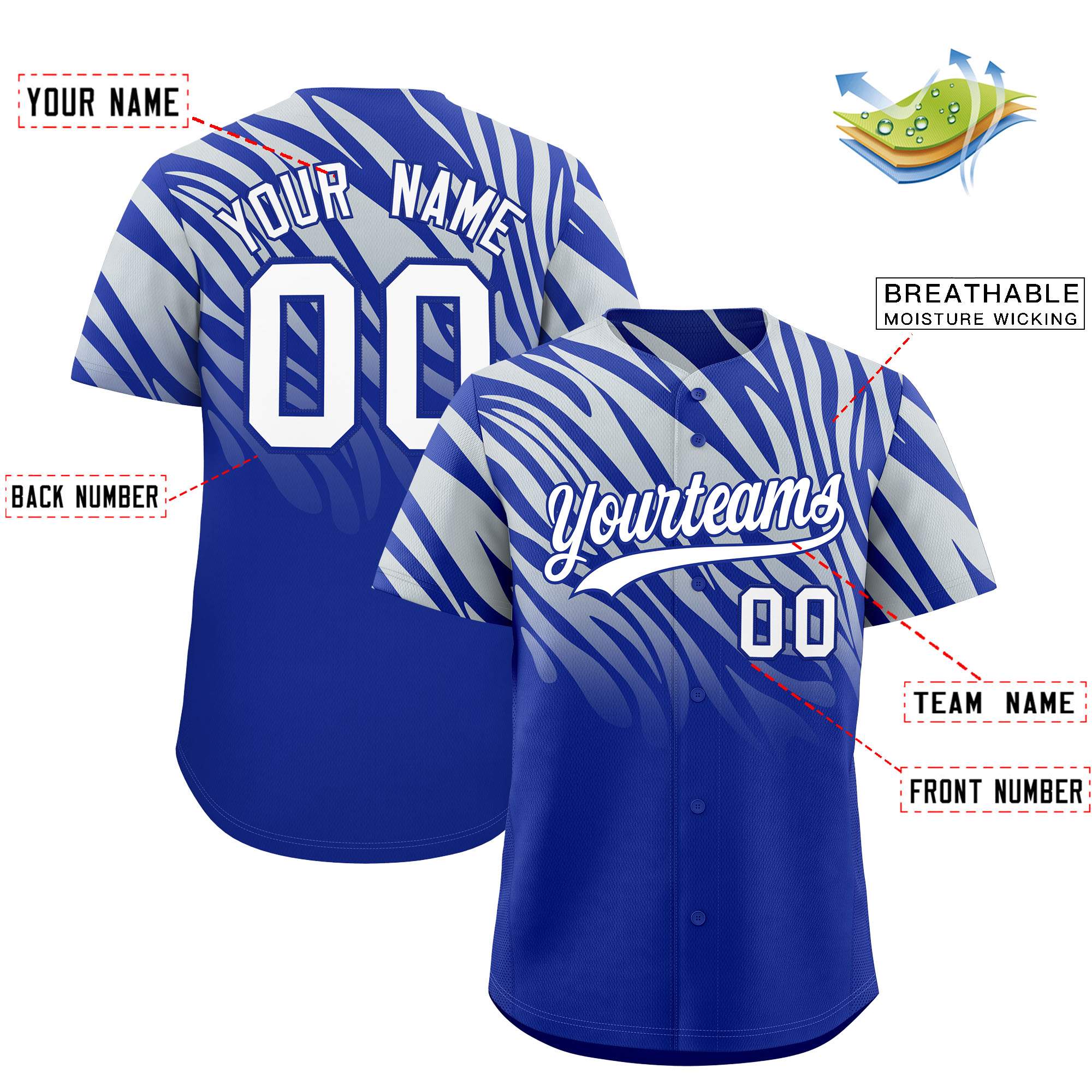 Custom Royal Silver Tiger Stripe Gradient Animal Print Personalized Team Shirt Baseball Jersey