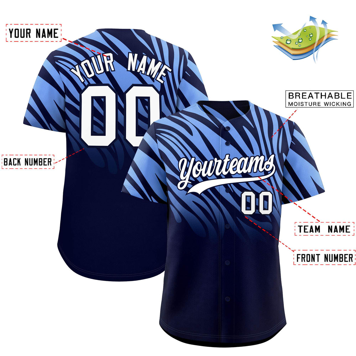 Custom Navy Light Blue Tiger Stripe Gradient Animal Print Personalized Team Shirt Baseball Jersey