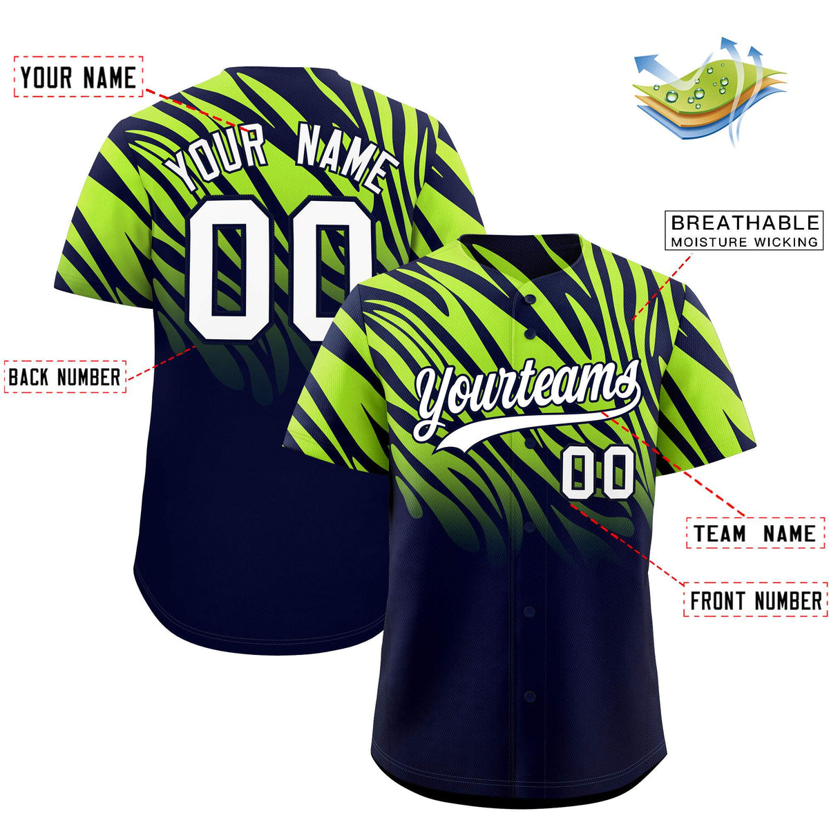 Custom Navy Neon Green Tiger Stripe Gradient Animal Print Personalized Team Shirt Baseball Jersey