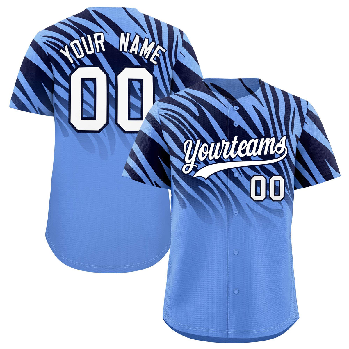Custom Light Blue Navy Tiger Stripe Gradient Animal Print Personalized Team Shirt Baseball Jersey