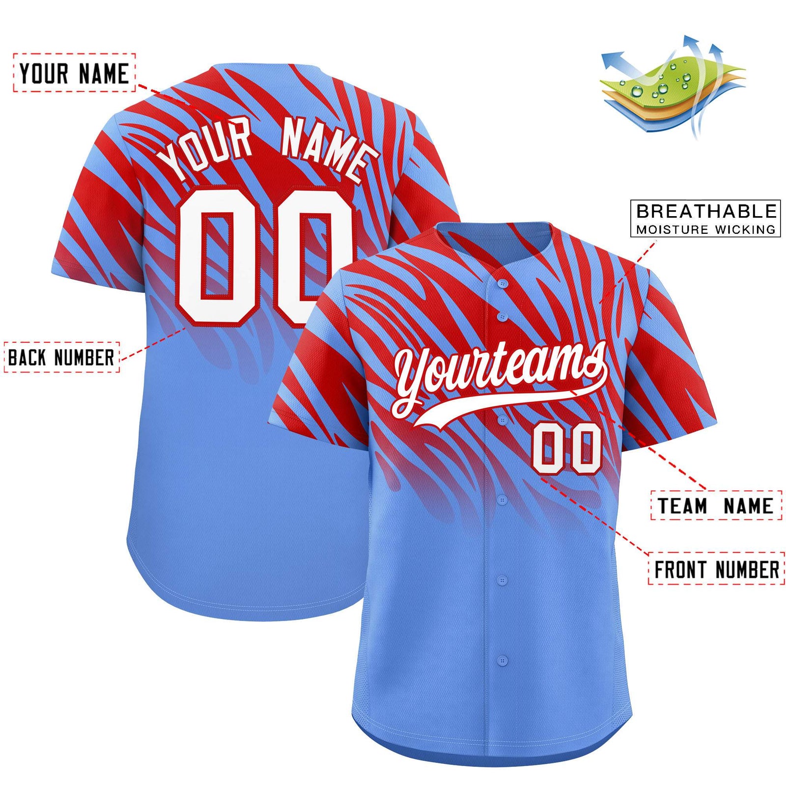 Custom Red Light Blue Tiger Stripe Gradient Animal Print Personalized Team Shirt Baseball Jersey